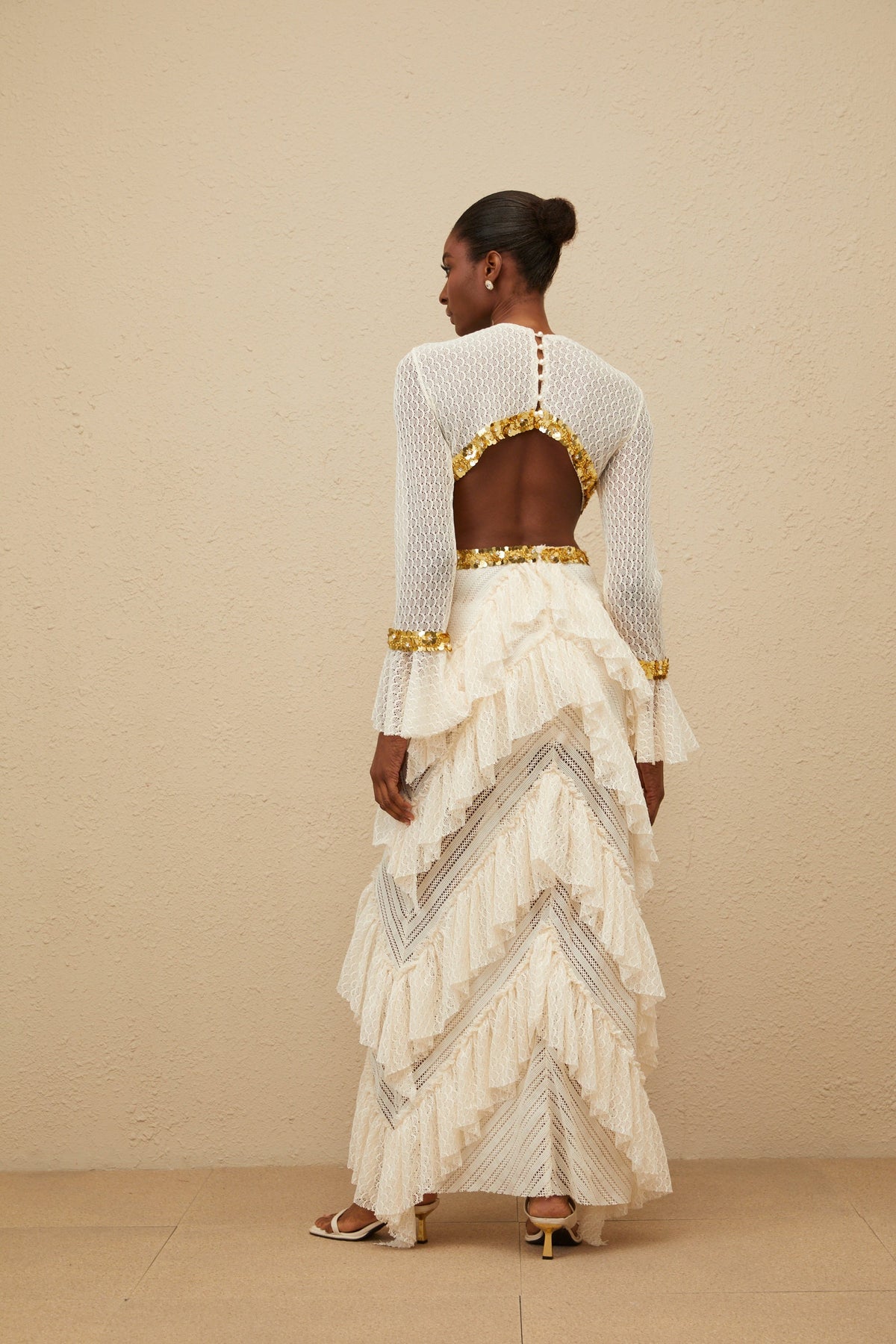 Dorée Neutral Ruffled Sequin Lace Maxi Dress