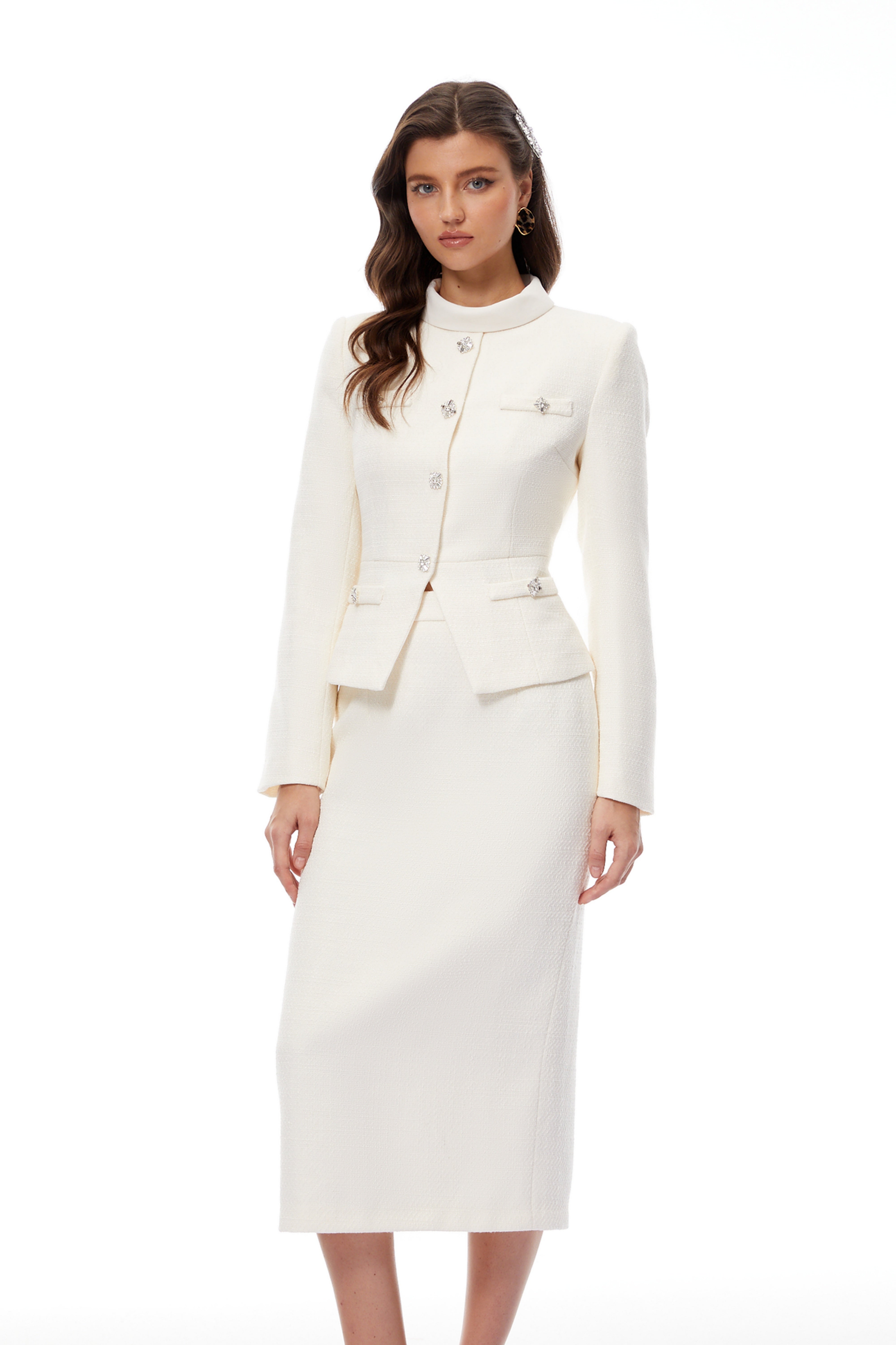 Regina White Crystal Embellished Tweed Jacket & Skirt Set