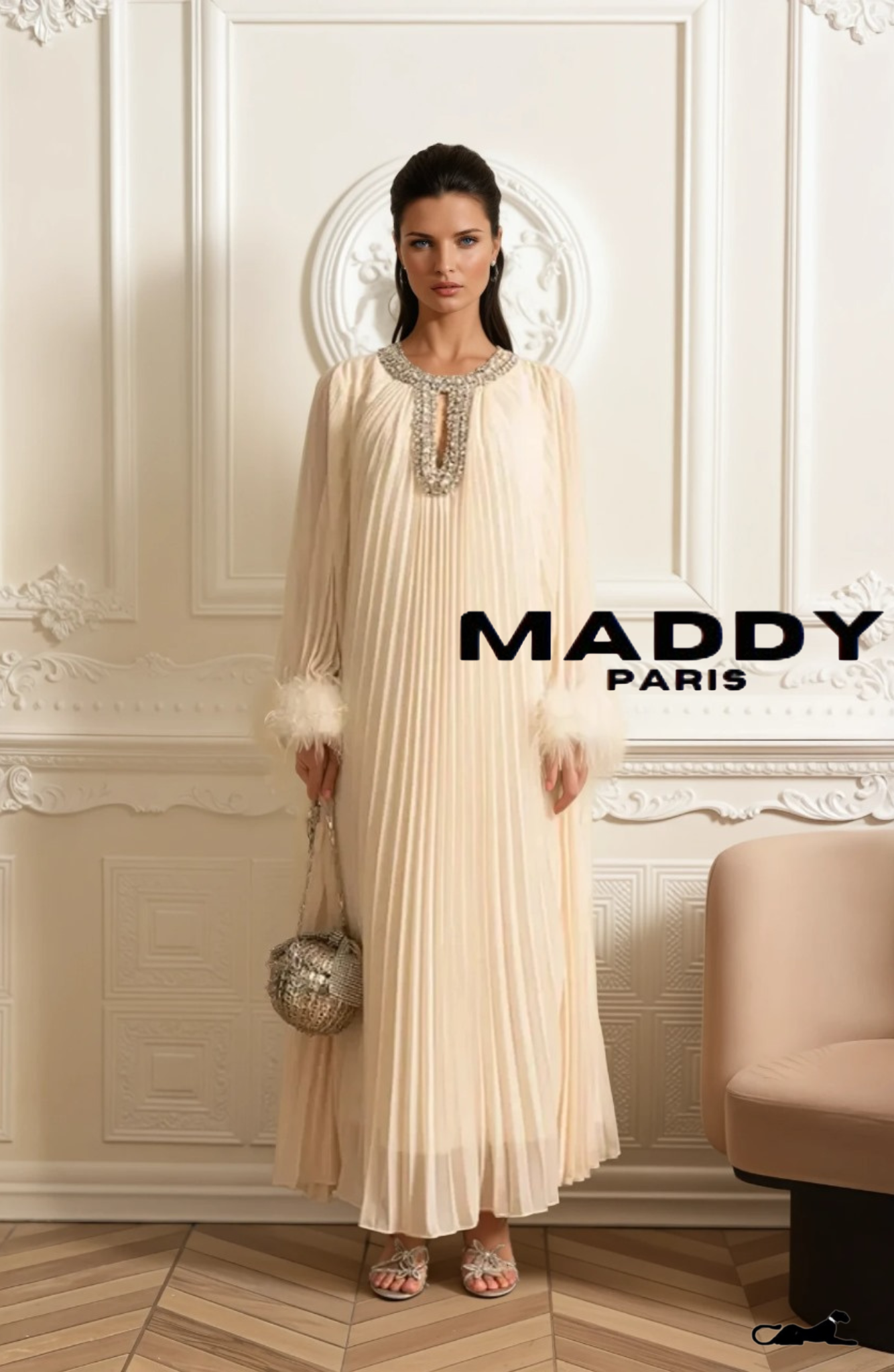 LAMISS Pleated  Maxi Dress With Feathered Cuffs And Sparkling Neckline - Ivoire