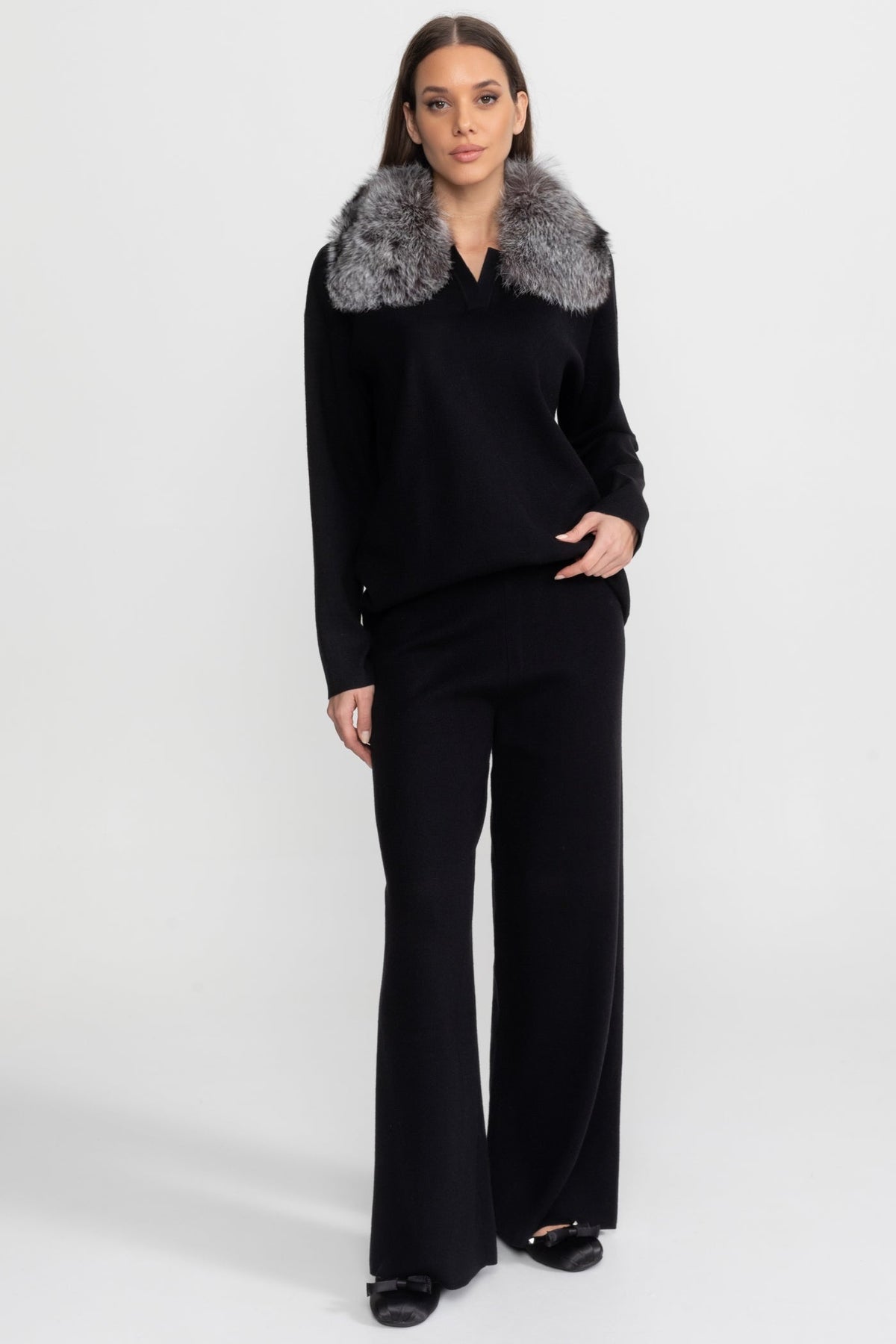 Elodie Black/Grey Knit Lounge Co-Ord Set with Fox Fur Collar