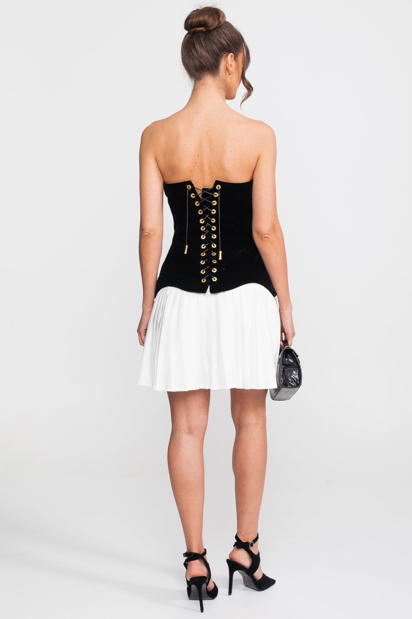 Strapless Velvet Mini Dress With Contrast Pleated Skirt - Black