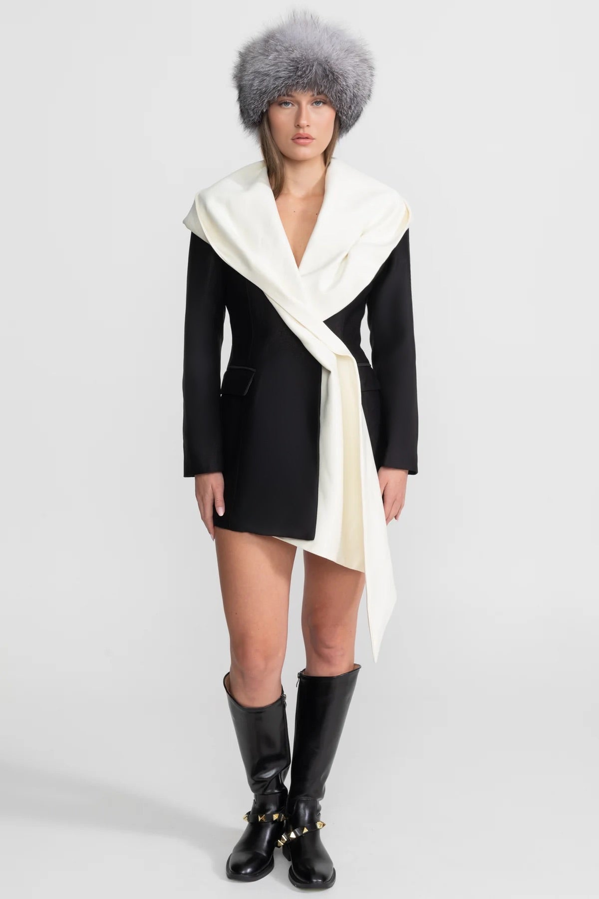 Draped Lapel Asymmetric Blazer Dress – Black/Ivory