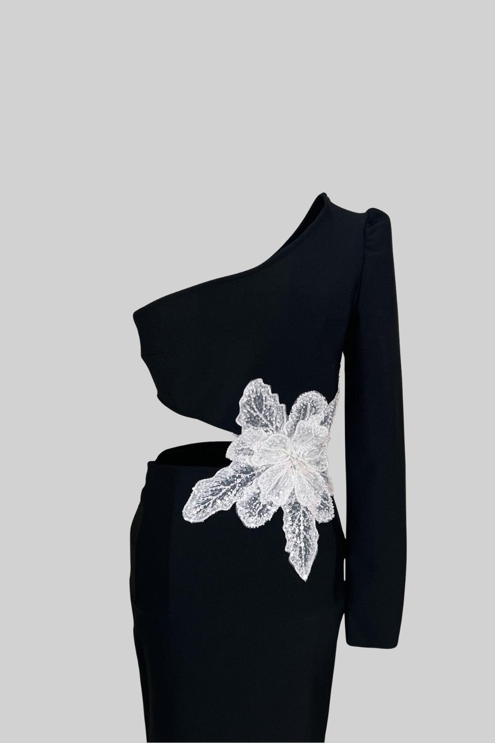 One Shoulder Midi Dress with Contrastant Flower detail - Black