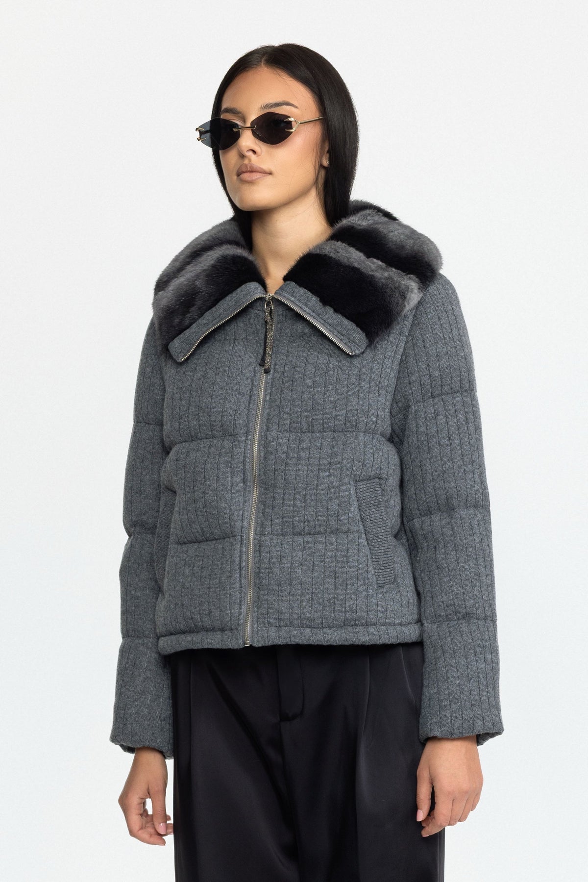 Mink Collar Knit Down Jacket - Grey