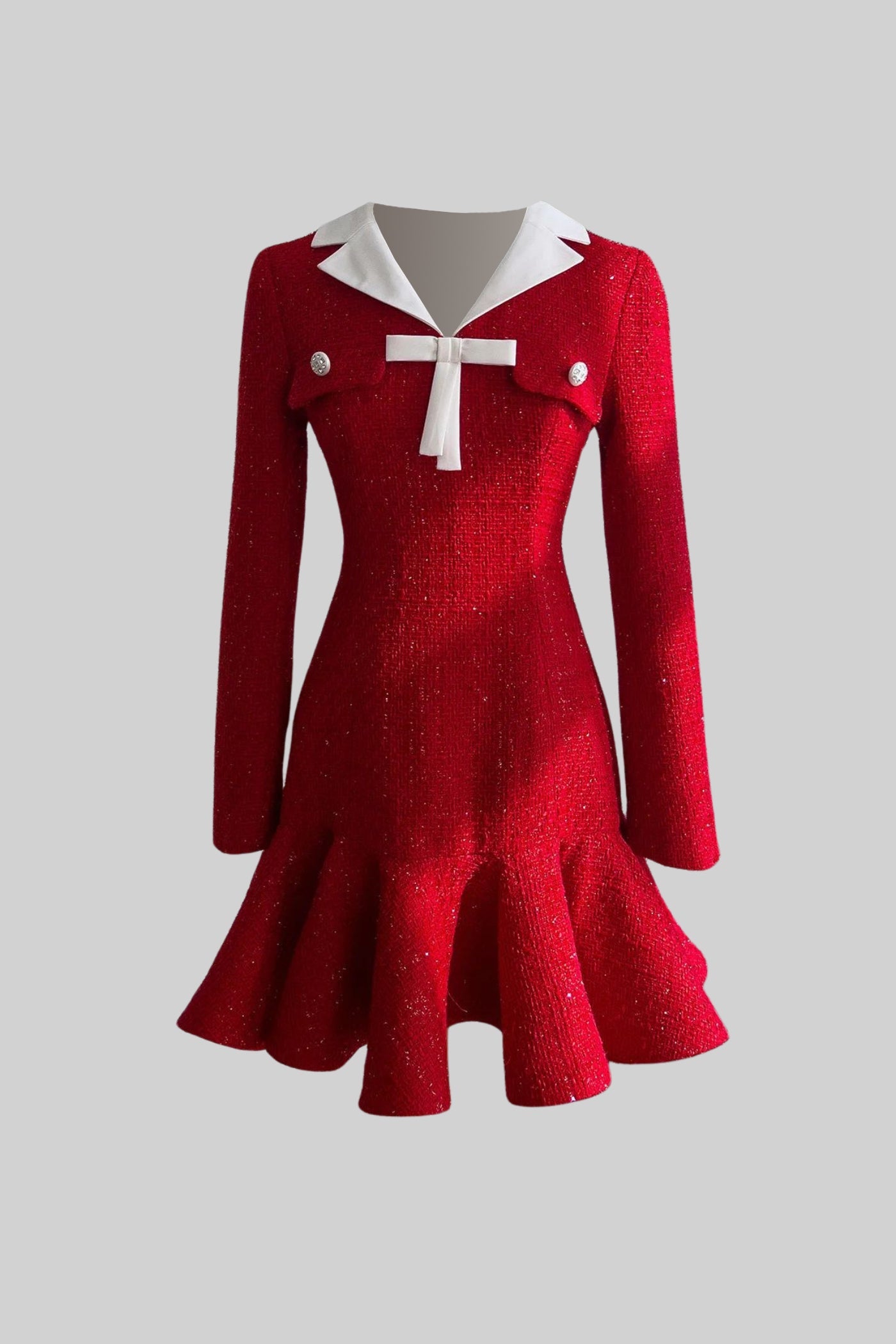 Eglantine Red Tweed Fit-and-Flare Dress With Contrast Collar and Bow Detail