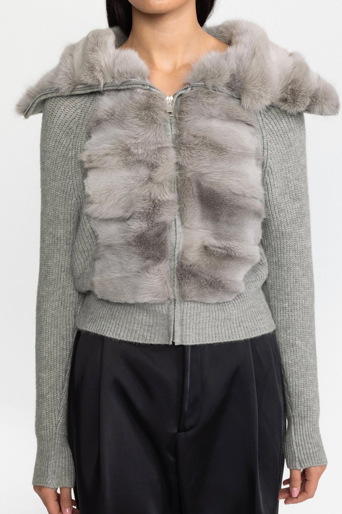 Rabbit Fur Panel Knit Zip Cardigan - Grey