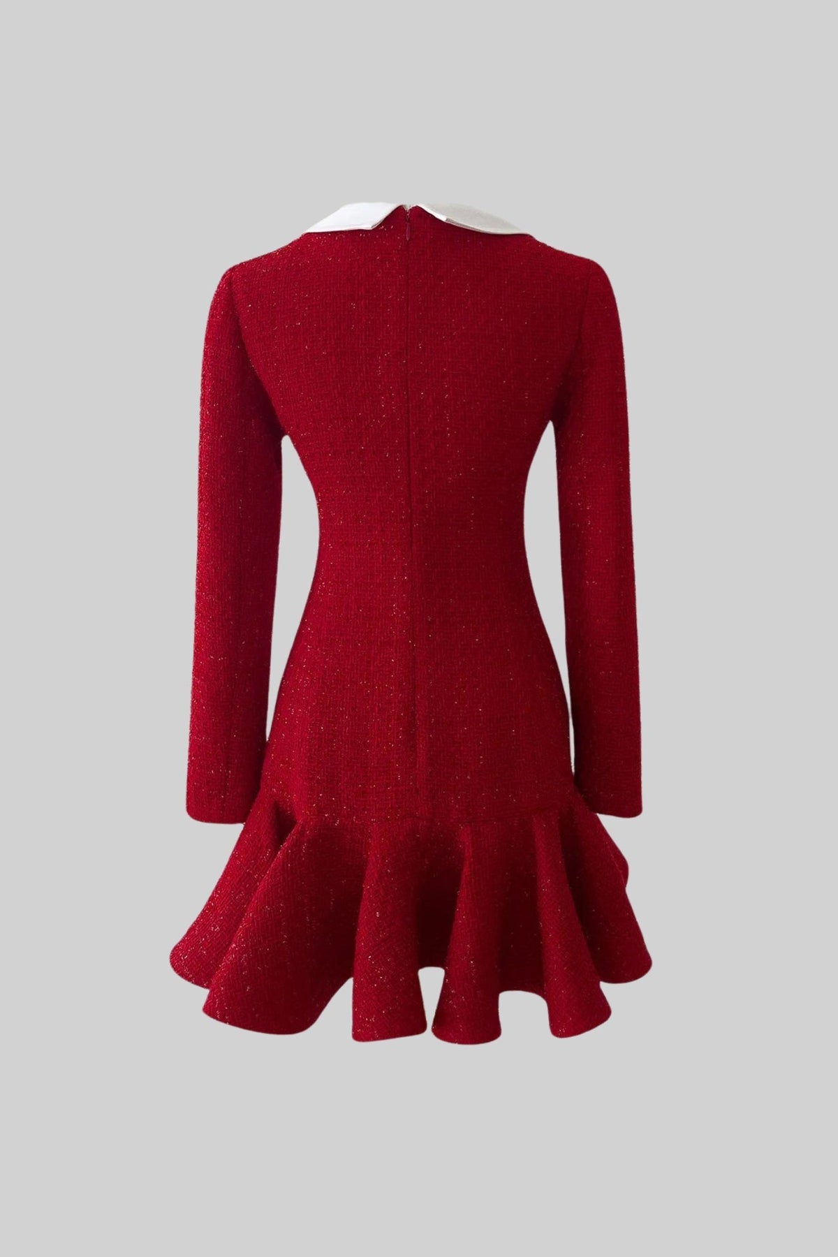 Eglantine Red Tweed Fit-and-Flare Dress With Contrast Collar and Bow Detail