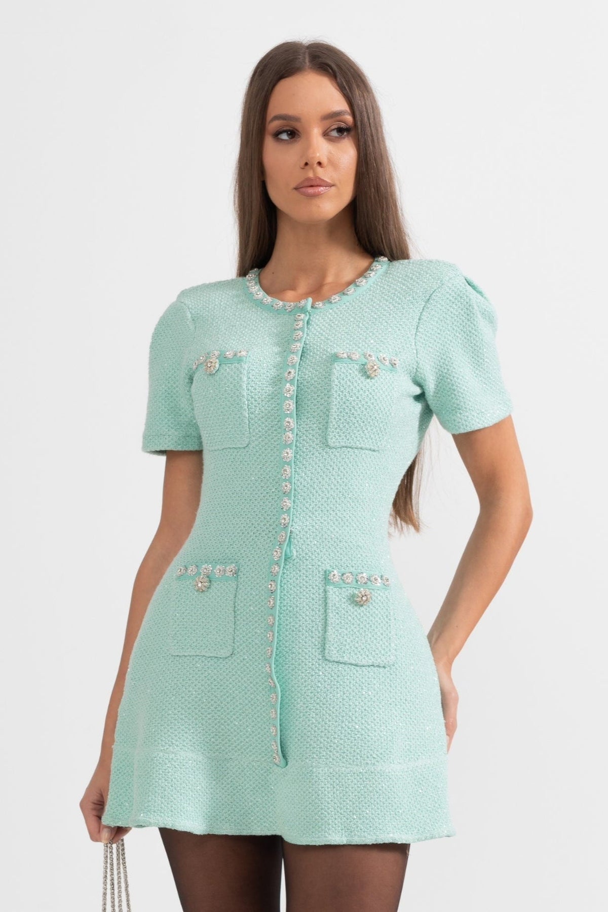 GISELLE SHORT SLEEVE DIAMOND MINI DRESS - MINT GREEN