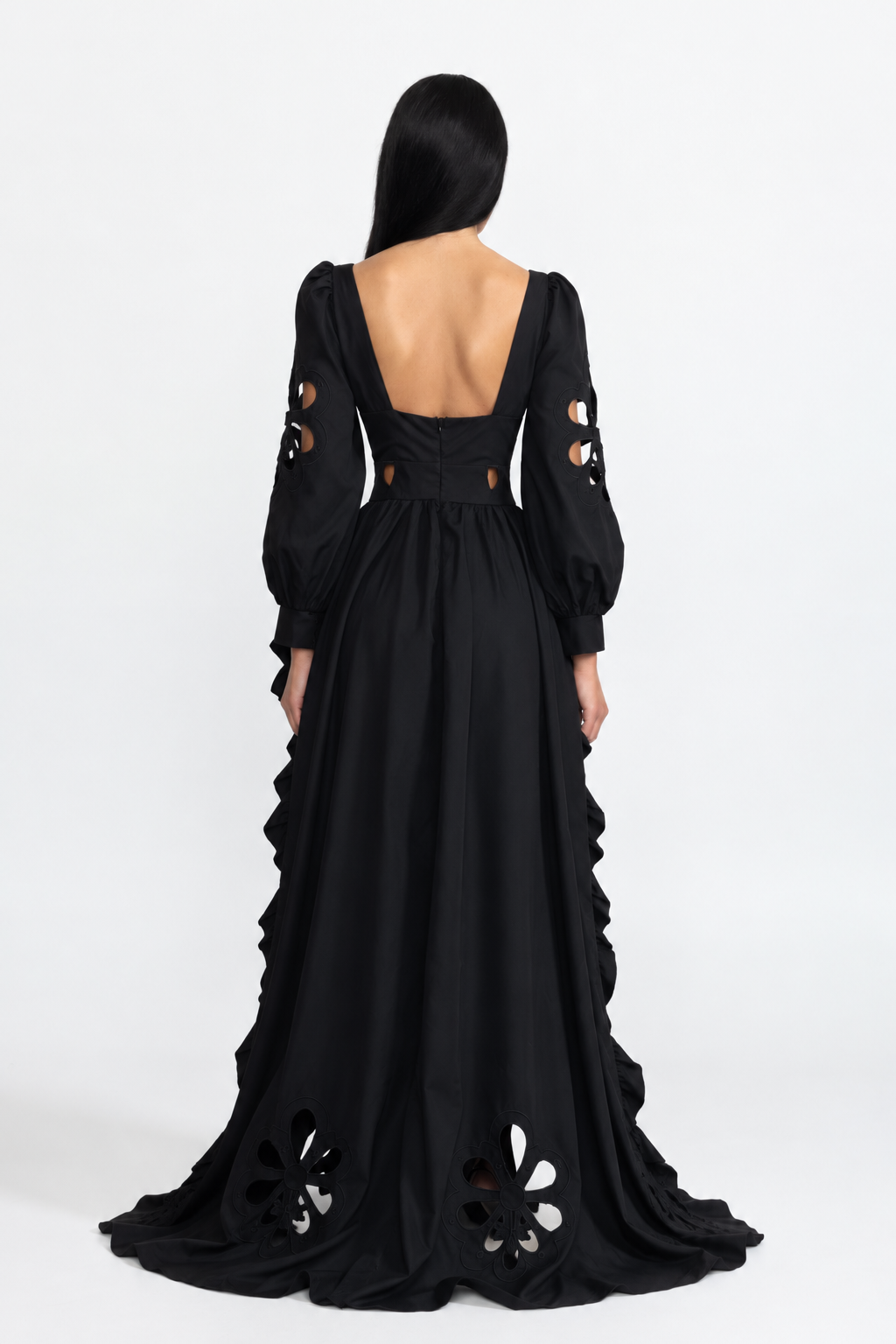 Aurelie Black Embroidered Cutout Puff Sleeve High-Low Ruffle Gown