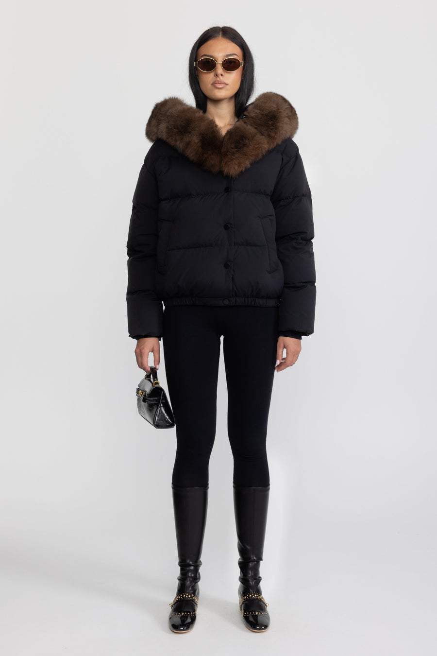 Eulalie Fox Fur Hood Cropped Down Puffer Jacket - Black