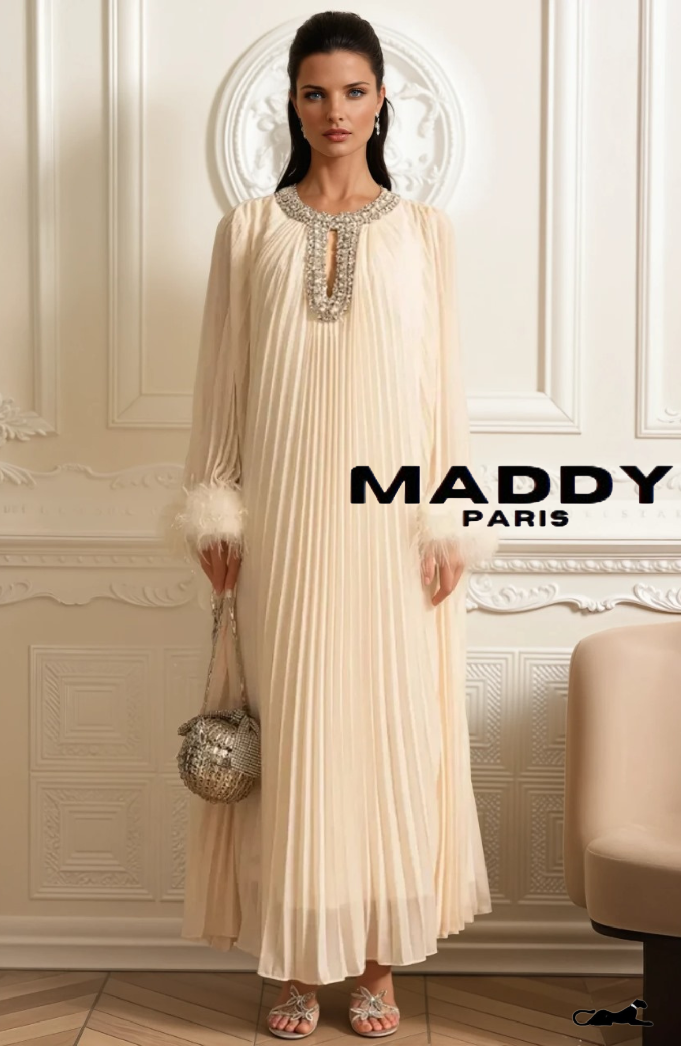 LAMISS Pleated  Maxi Dress With Feathered Cuffs And Sparkling Neckline - Ivoire