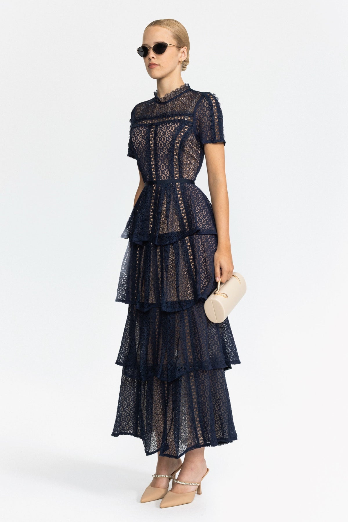 Panelled Lace Tiered Midi Dress - Navy