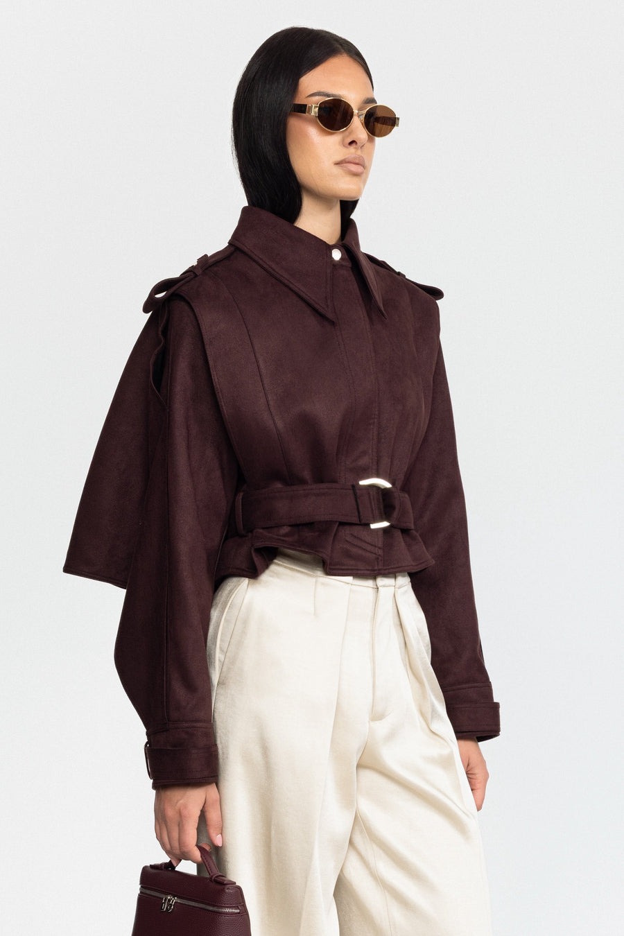 Mireille Suede Belted Cape Jacket - Burgundy