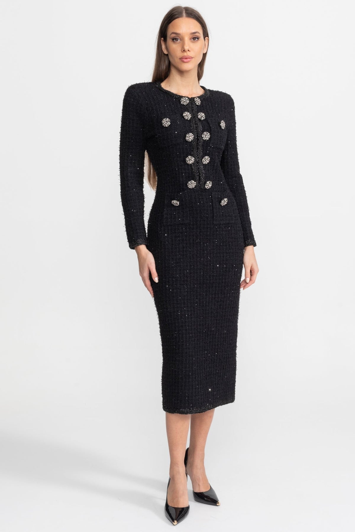 Augustine Black Textured Tweed Midi Dress with Crystal Button Detail