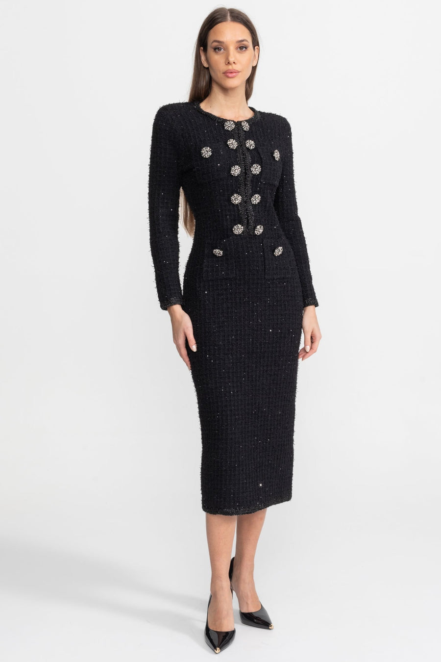 Augustine Black Textured Tweed Midi Dress with Crystal Button Detail