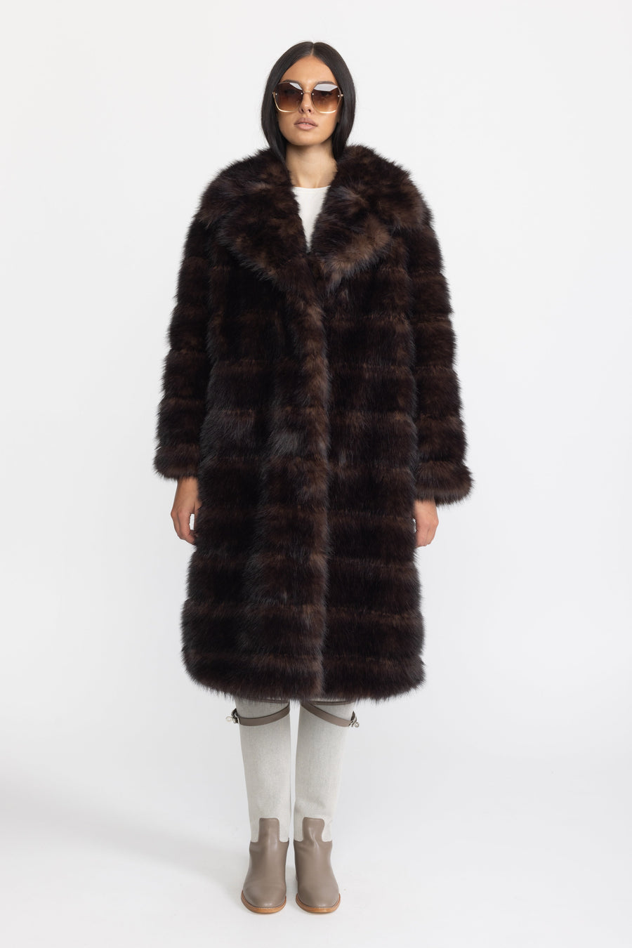Octavie Fur-Effect Panelled Longline Coat - Chocolate