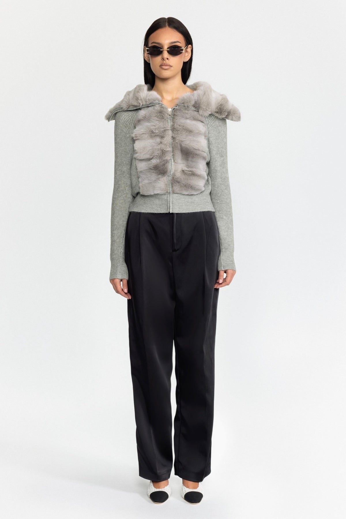 Rabbit Fur Panel Knit Zip Cardigan - Grey