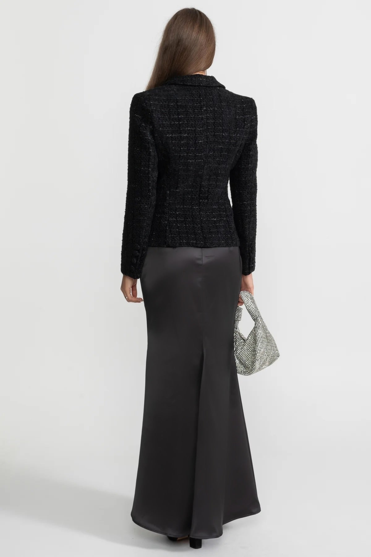Hermine Black Tweed Blazer and Satin Maxi Skirt Co-Ord Set