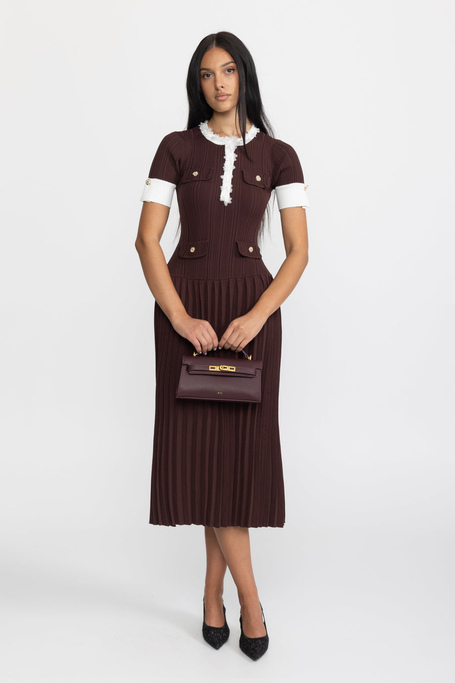 Cordelia Pleated Knit Ruffle Trim Midi Dress - Chocolate