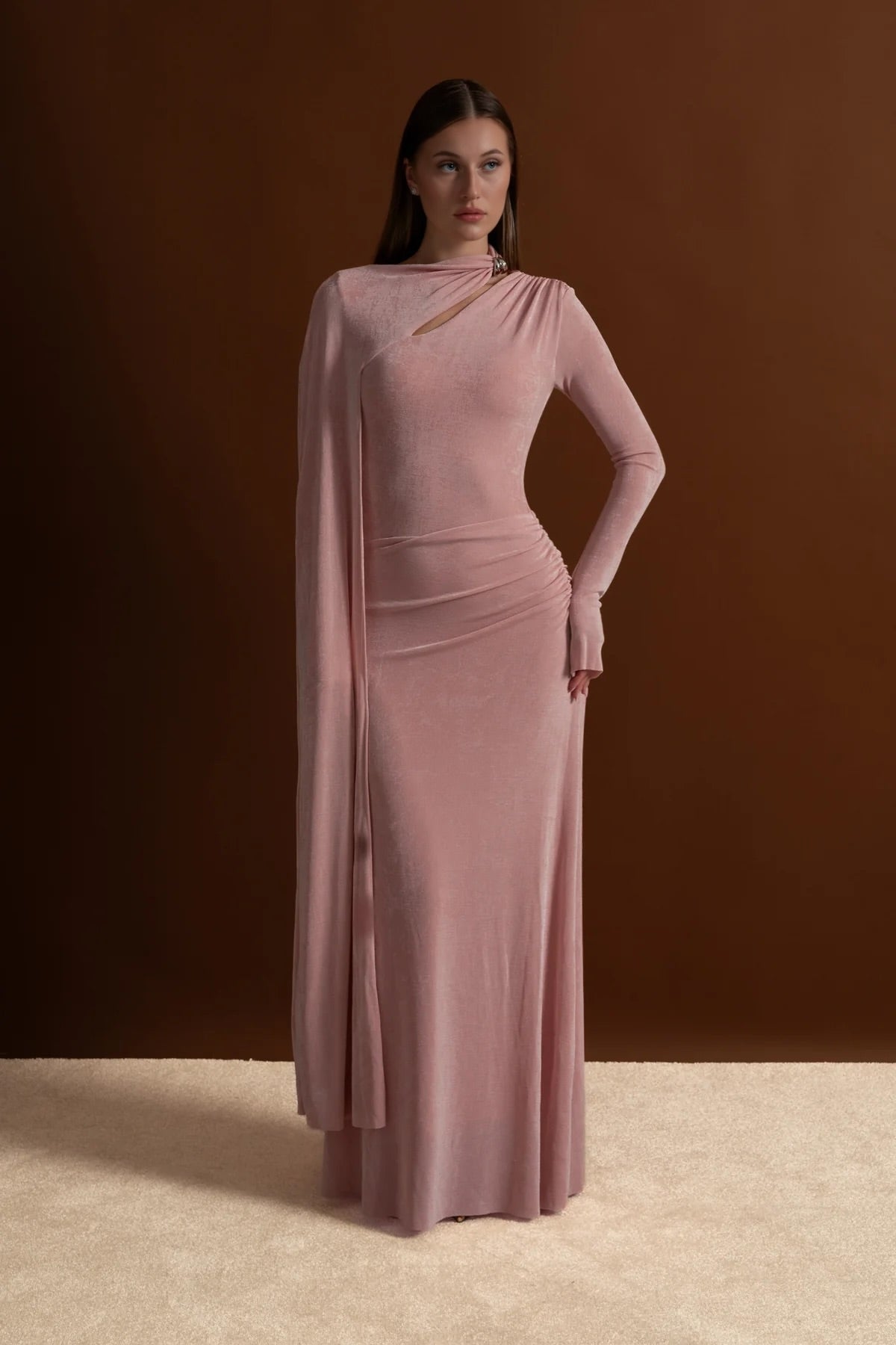 Elegant Draped Gown With Asymmetric Cutout – Blush Pink