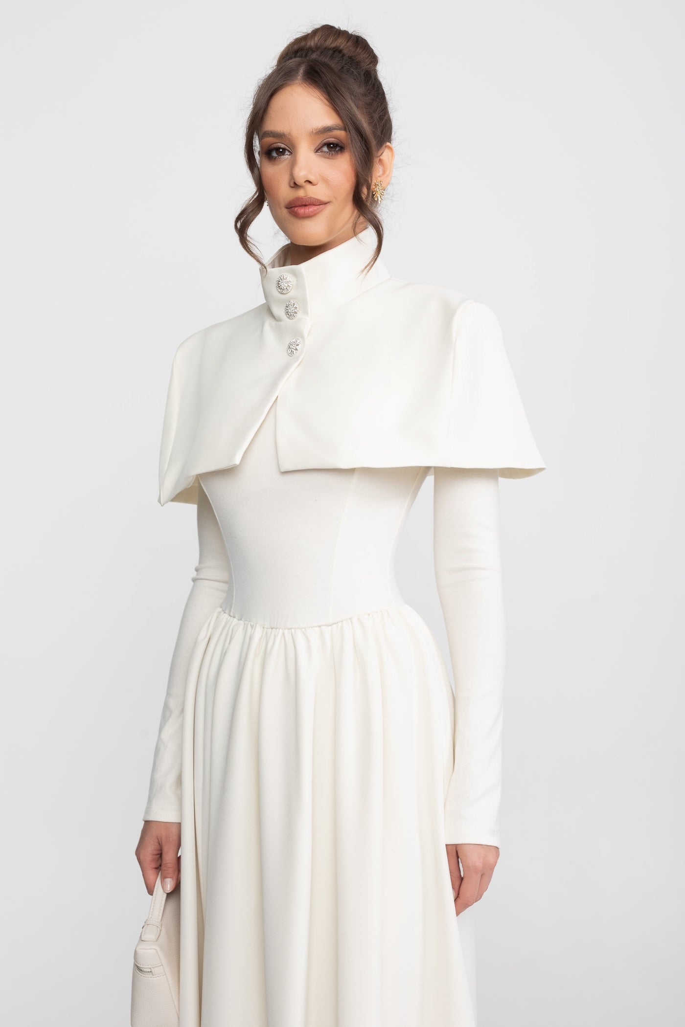 High-Neck Maxi Dress With Attached Capelet And Long Sleeves - White