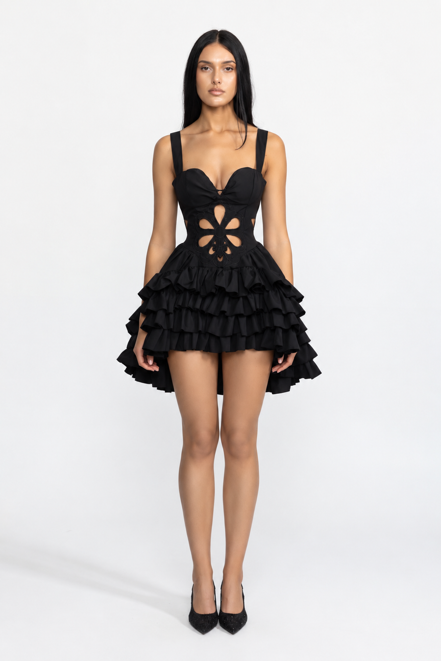 Celestine Black Embroidered Flower Cutout Ruffle Mini Dress