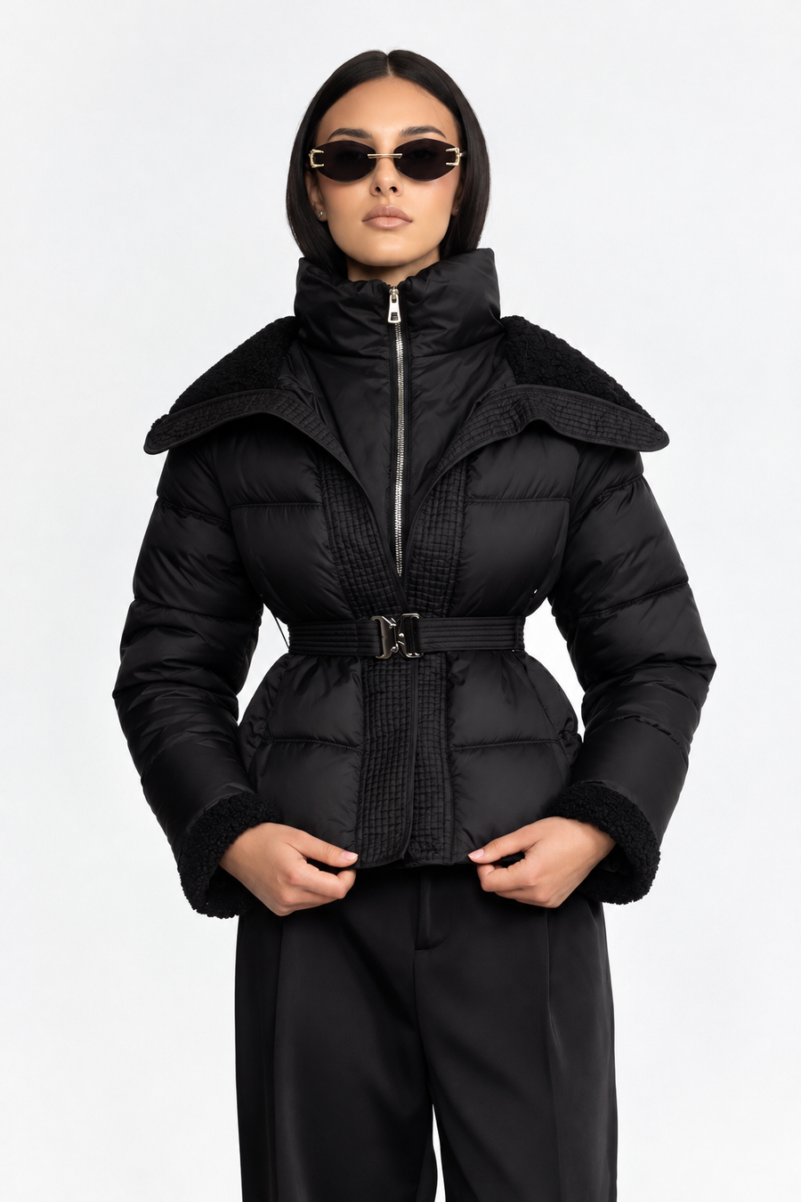 Odile Belted Puffer Jacket with Teddy Collar - Black