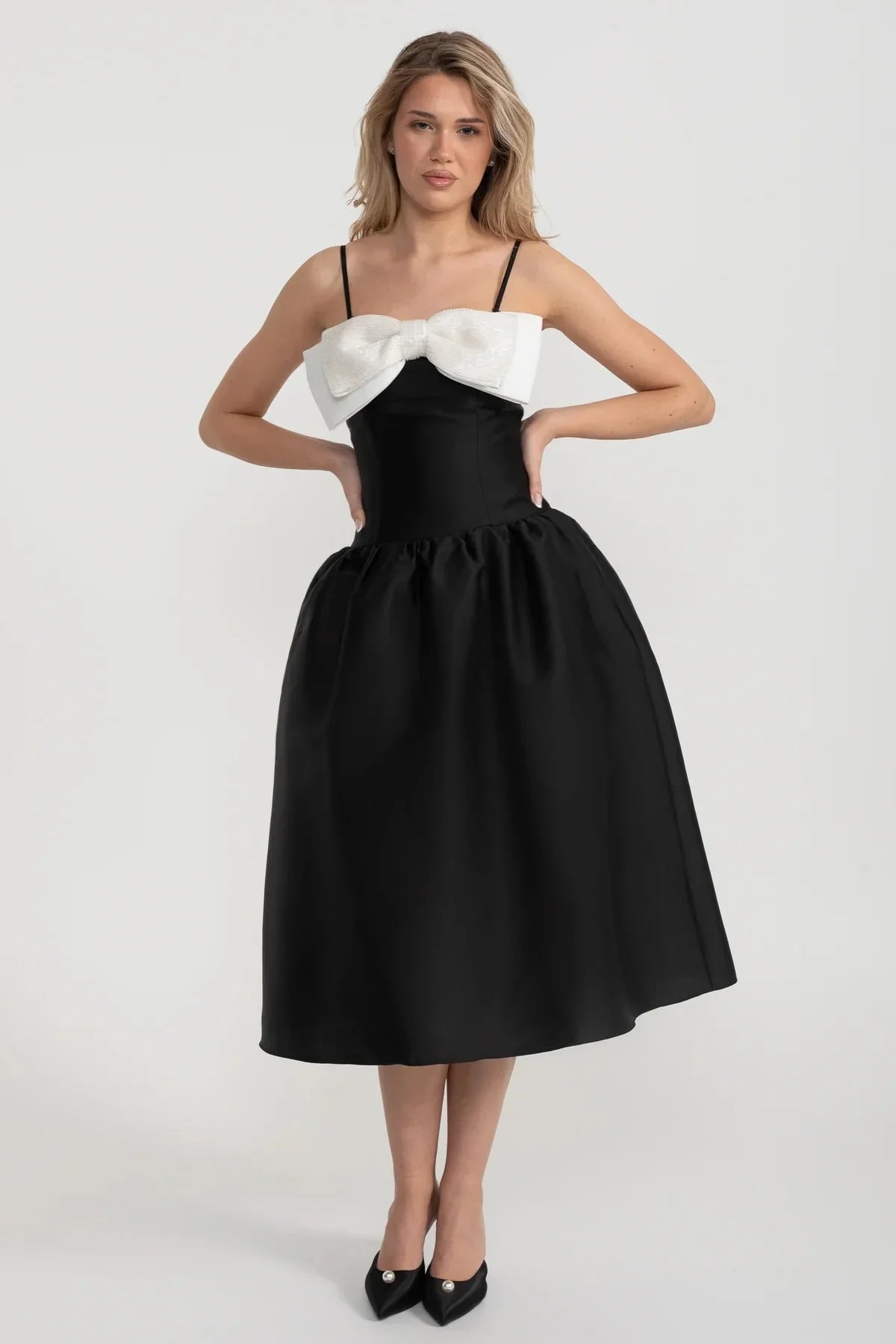 Fitted Sleeveless Mini Dress With Prominent Large White Bow - Black