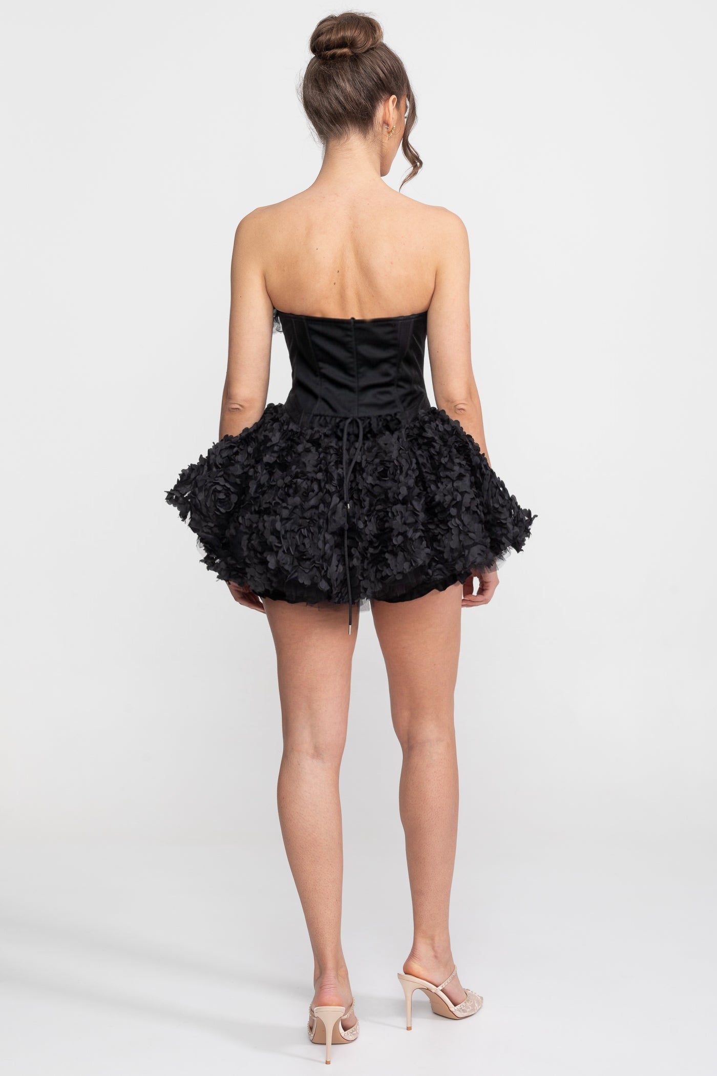 Strapless Corset Mini Dress With 3D Rose Appliqué Skirt - Black