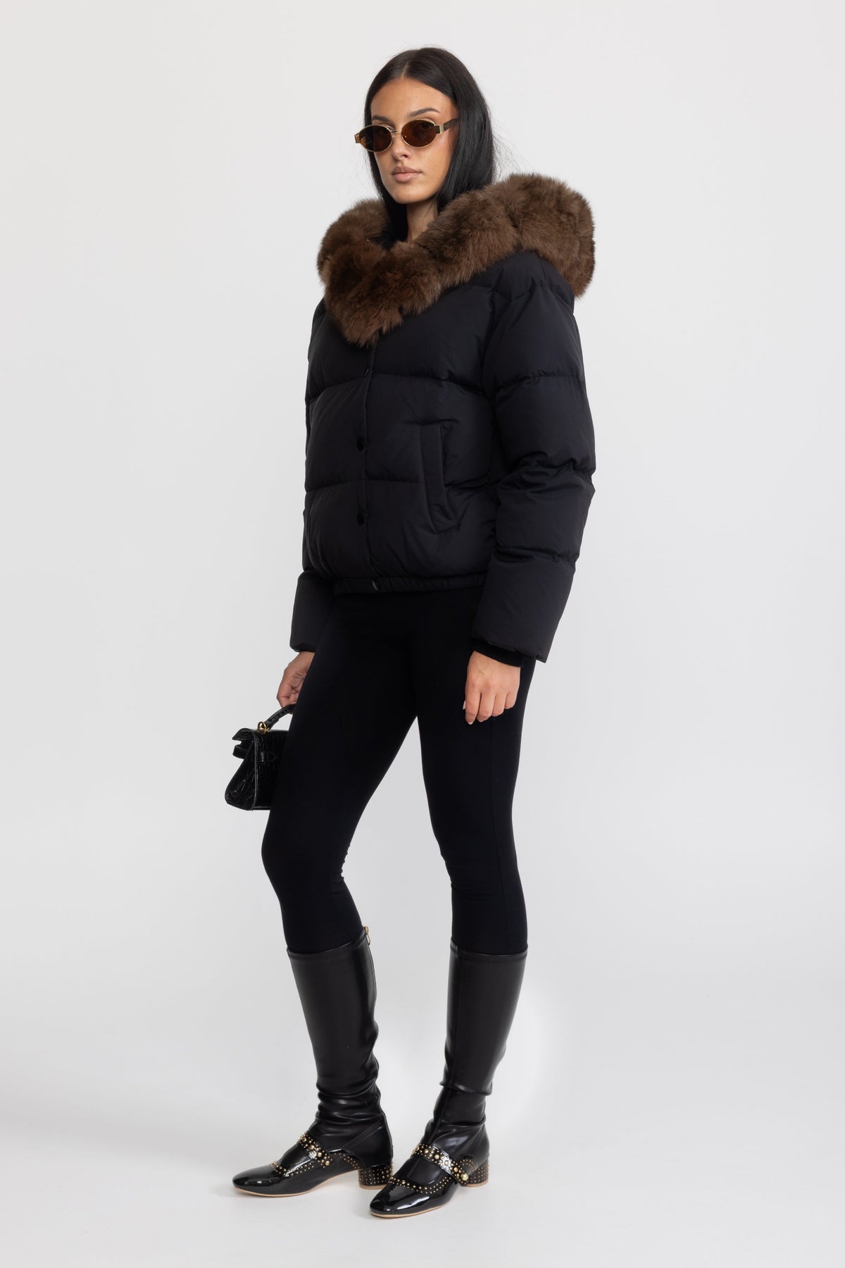 Fox Fur Hood Cropped Down Puffer Jacket - Black