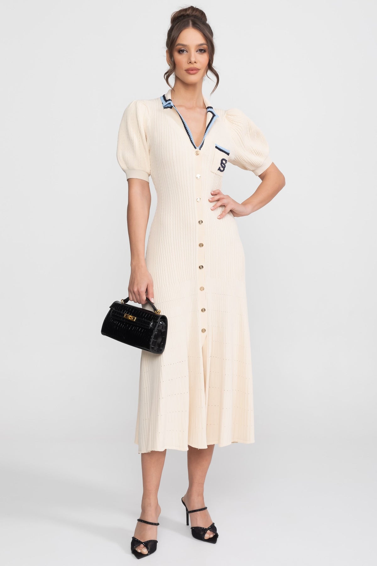 Viviane Cream Short Sleeve Knit Midi Dress With Polo Collar And Monogram Patch