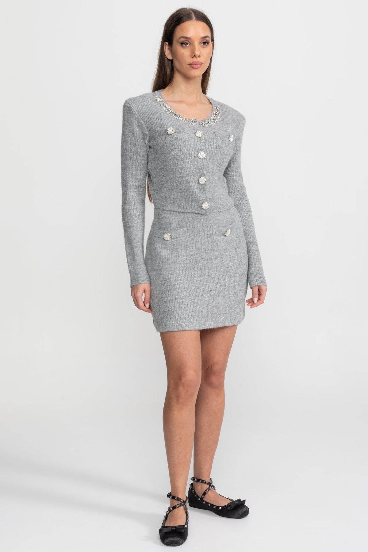 Blanche Grey Embellished Knit Co-Ord Set with Crystal Buttons