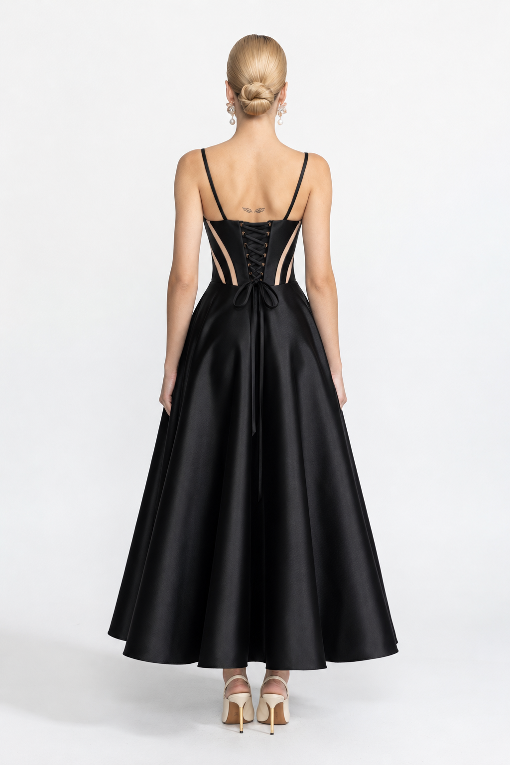 Josephine Black Sheer Panel Satin Corset Midi Dress