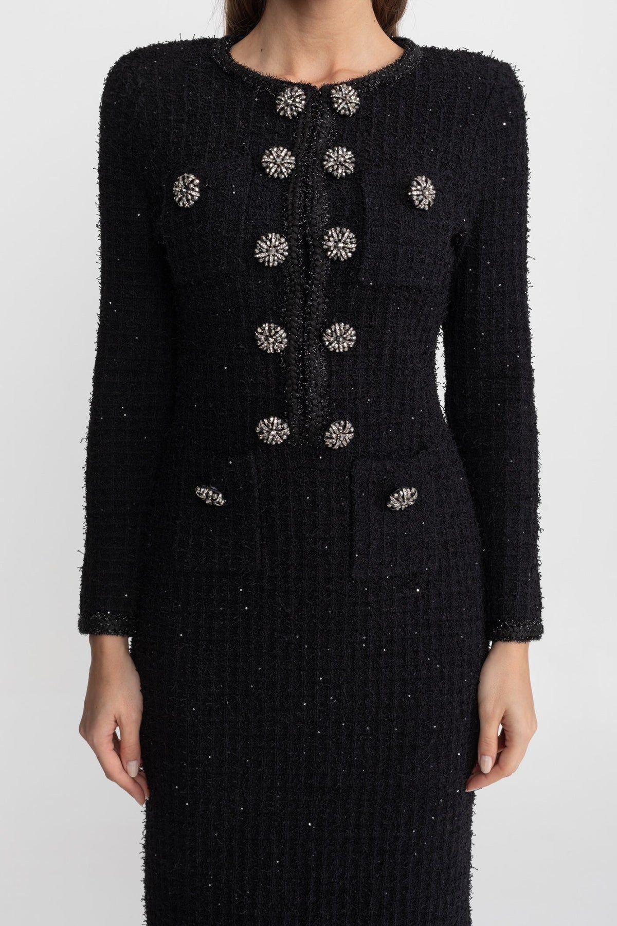 Augustine Black Textured Tweed Midi Dress with Crystal Button Detail