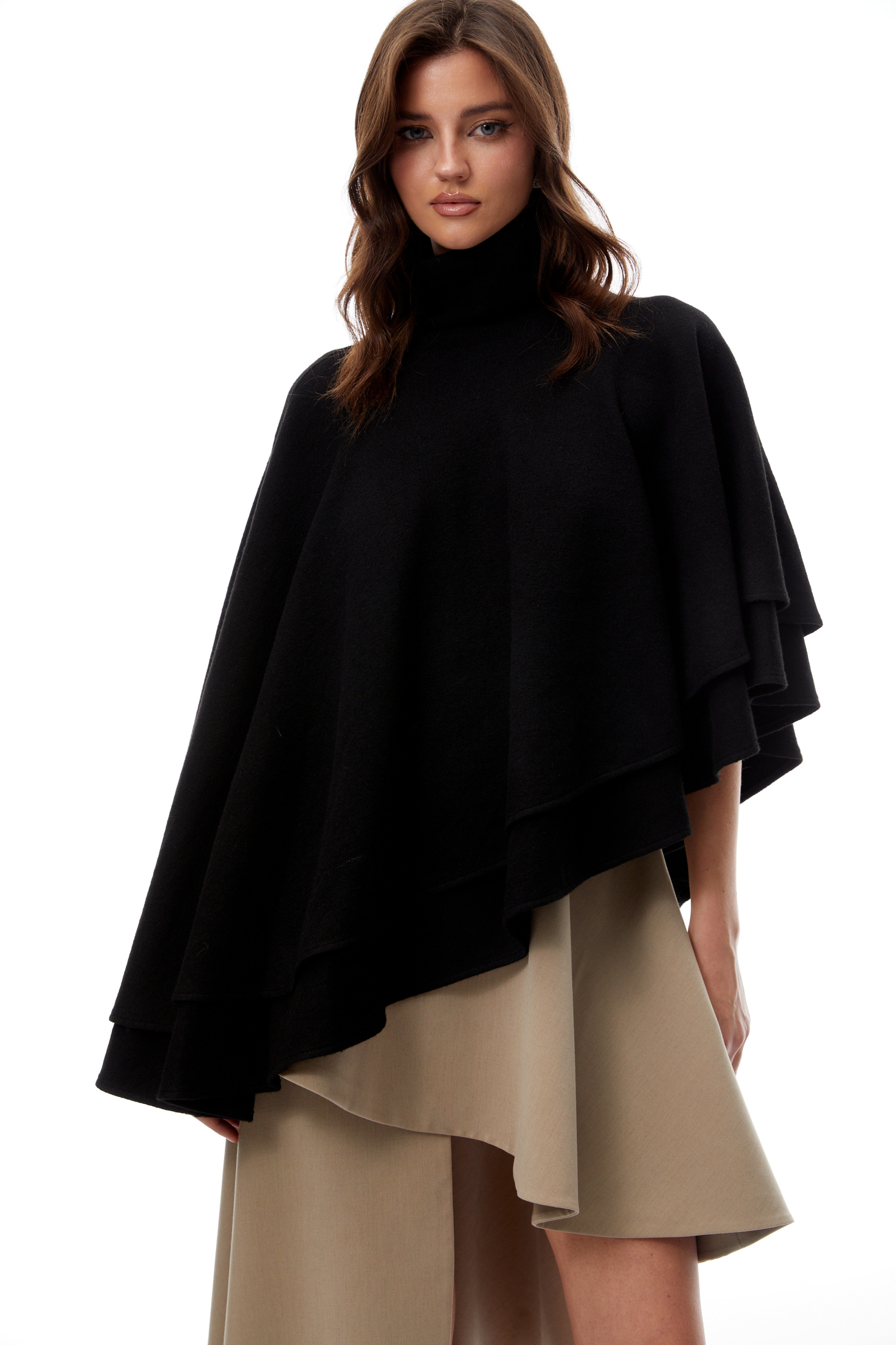 Filomena Black Layered Asymmetrical Knit Cape Top (Final Sale)