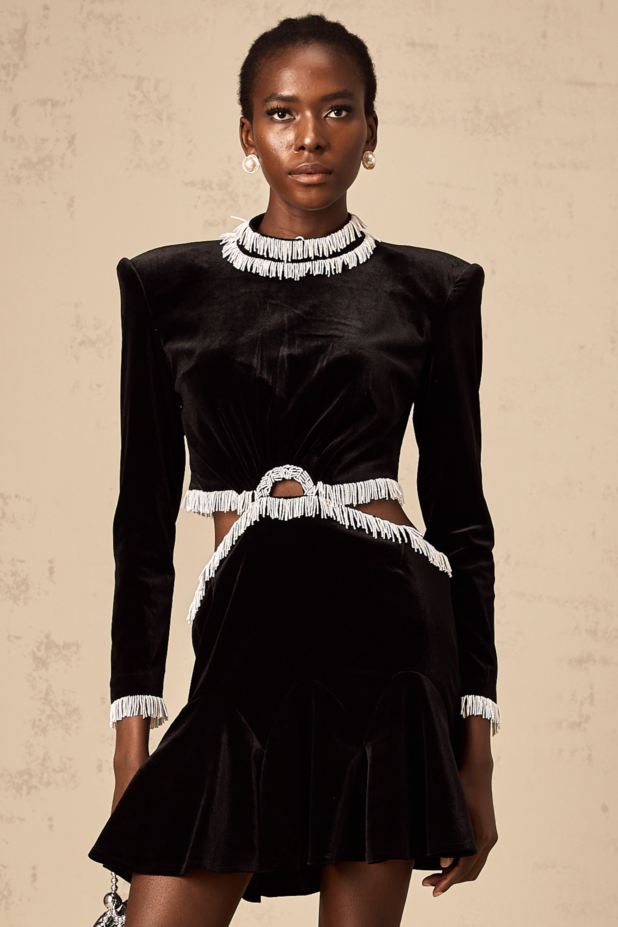 Daniela black cut-out fringed velvet mini dress