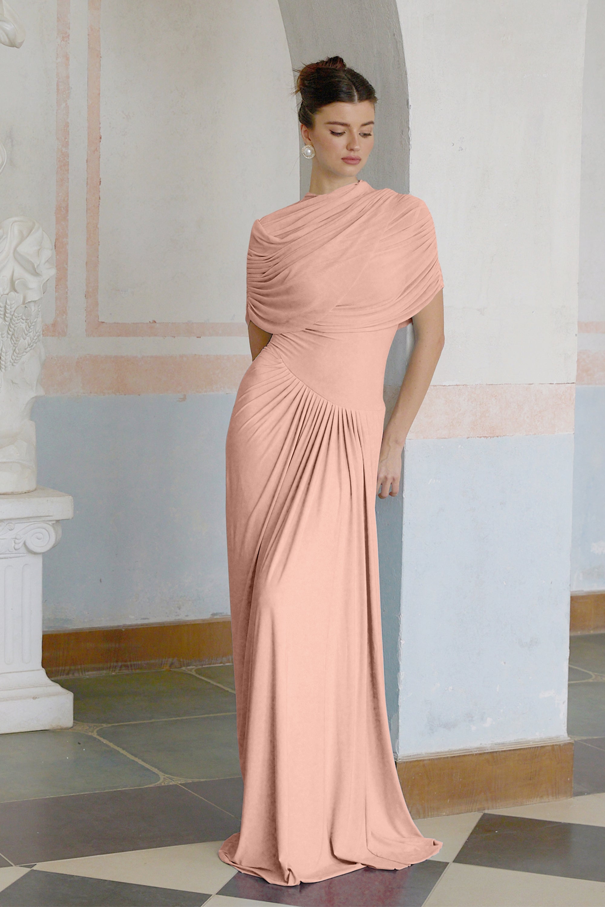 Catherine asymmetric pleated maxi dress in Pink