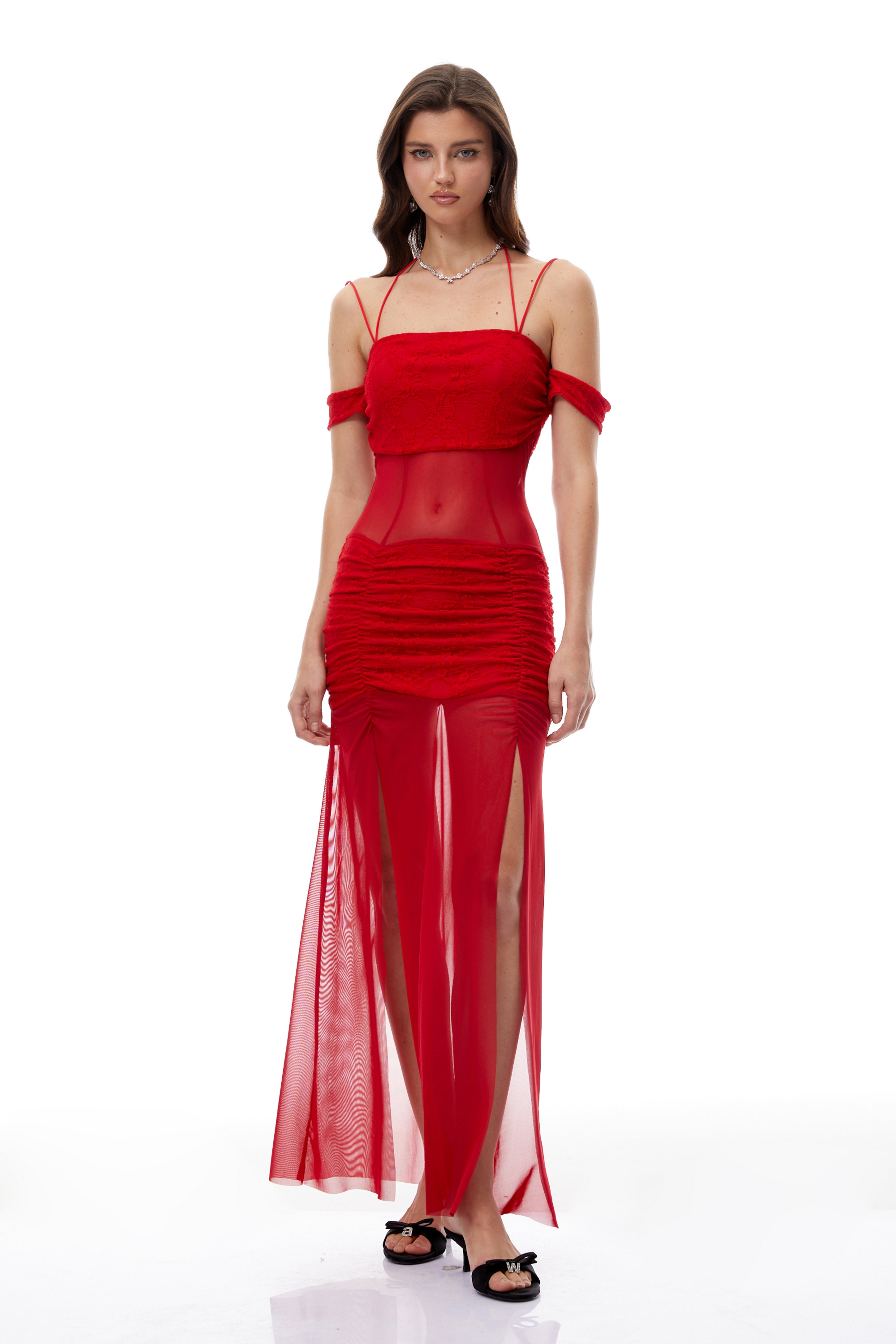 Tiril Red Ruched Lace Panel Meah Midi Dress