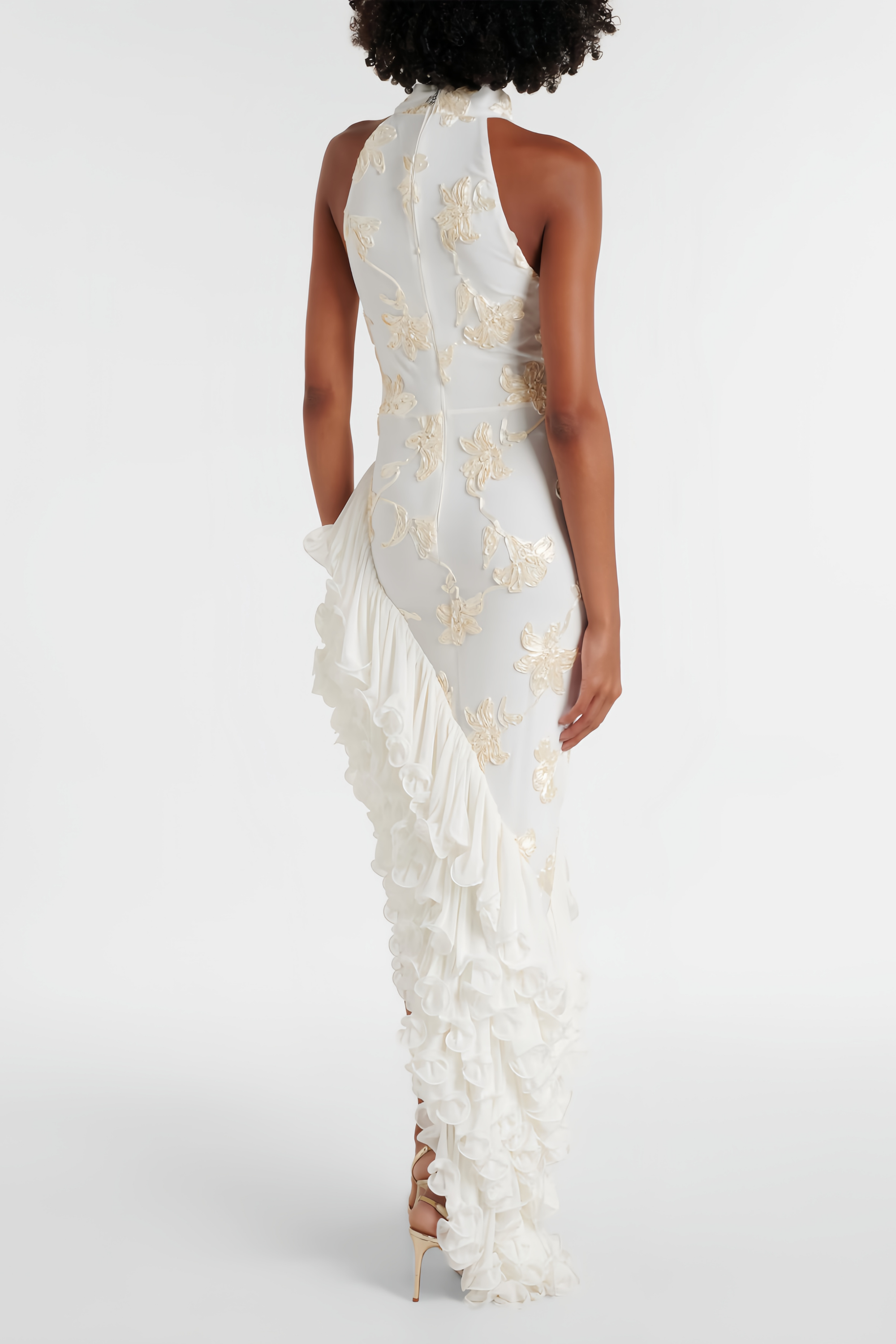 Théoline Neutral Asymmetrical Ruffled Floral Midi Dress