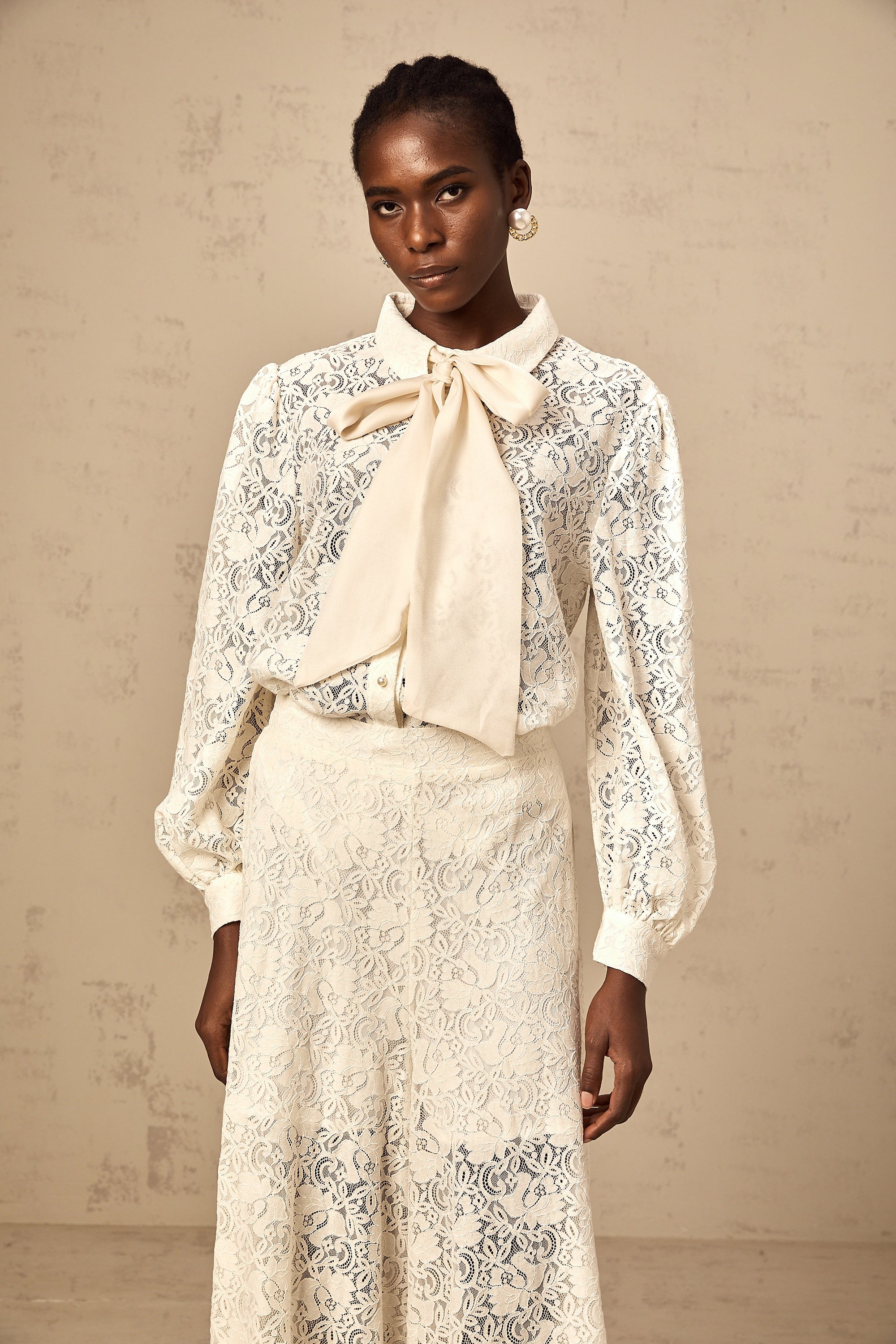 Vanessa white guipure-lace shirt & trousers matching set (Final Sale)