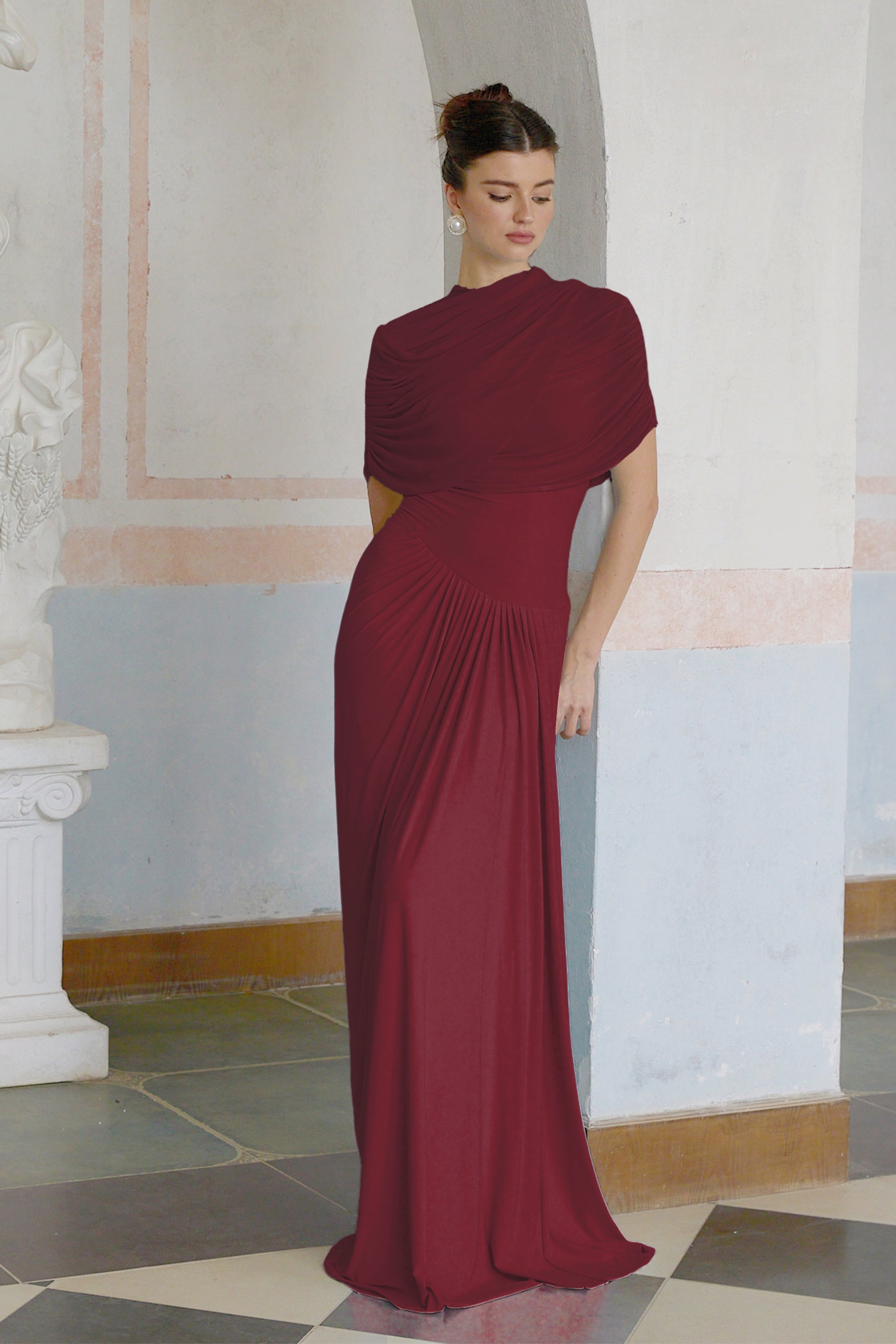 Catherine asymmetrical pleated maxi dress in Red (Final Sale)