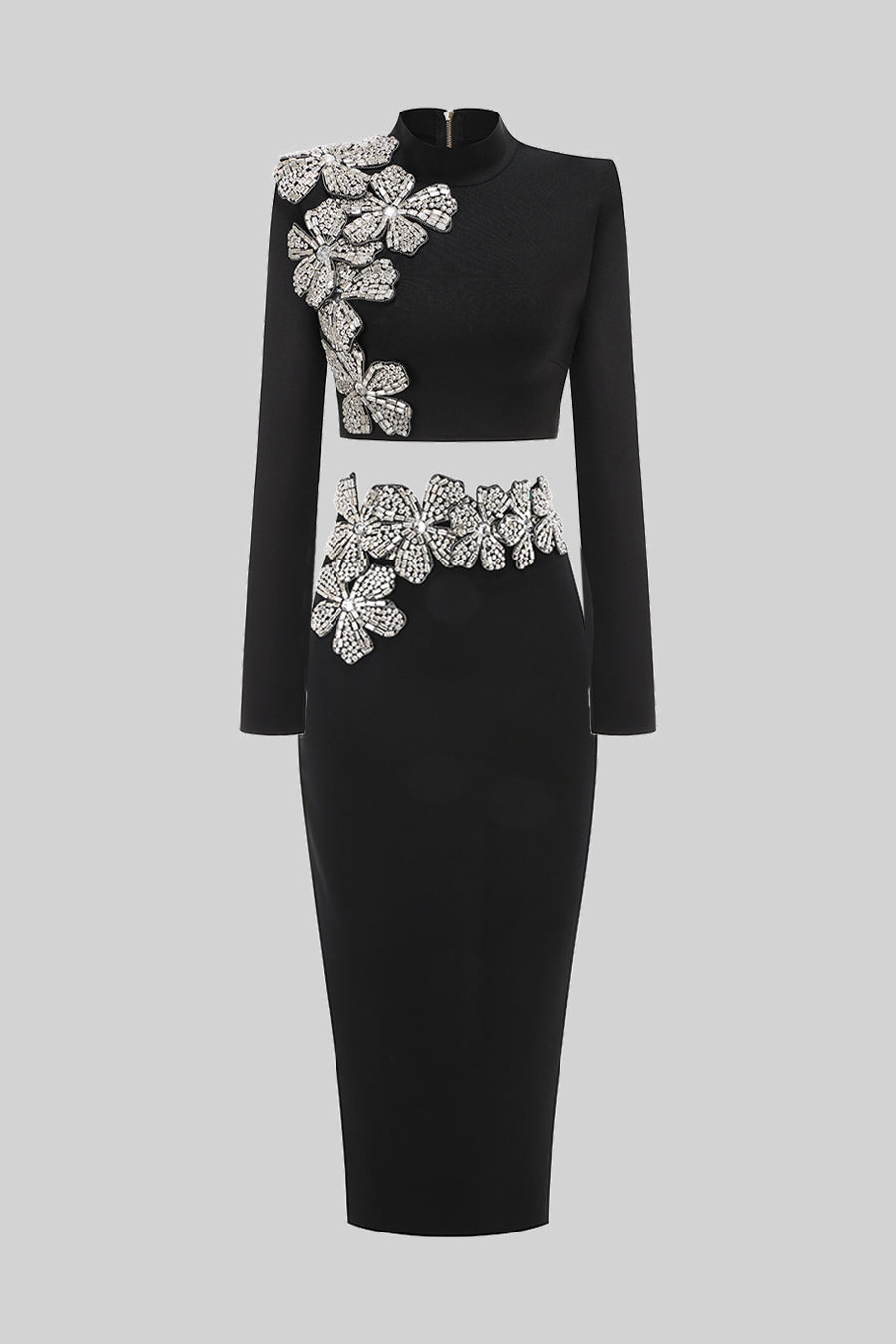 Madison Diamond Flower Accent 2 Piece Set With Long Sleeves Top And Maxi Skirt - Black
