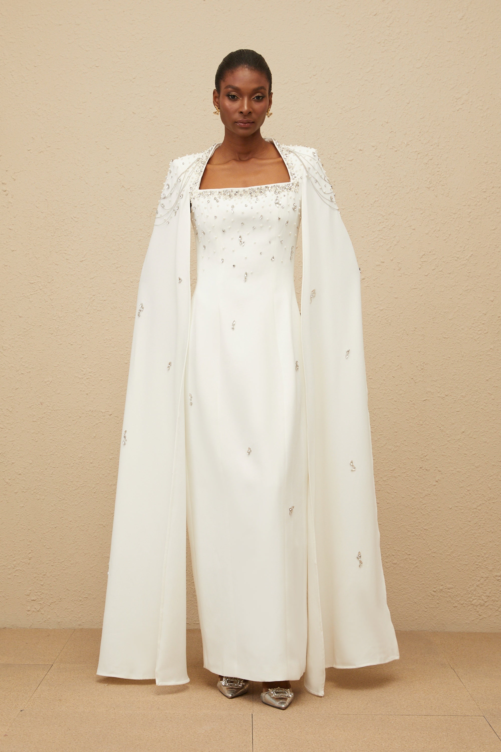 Épuré White Embellished Cape Gown