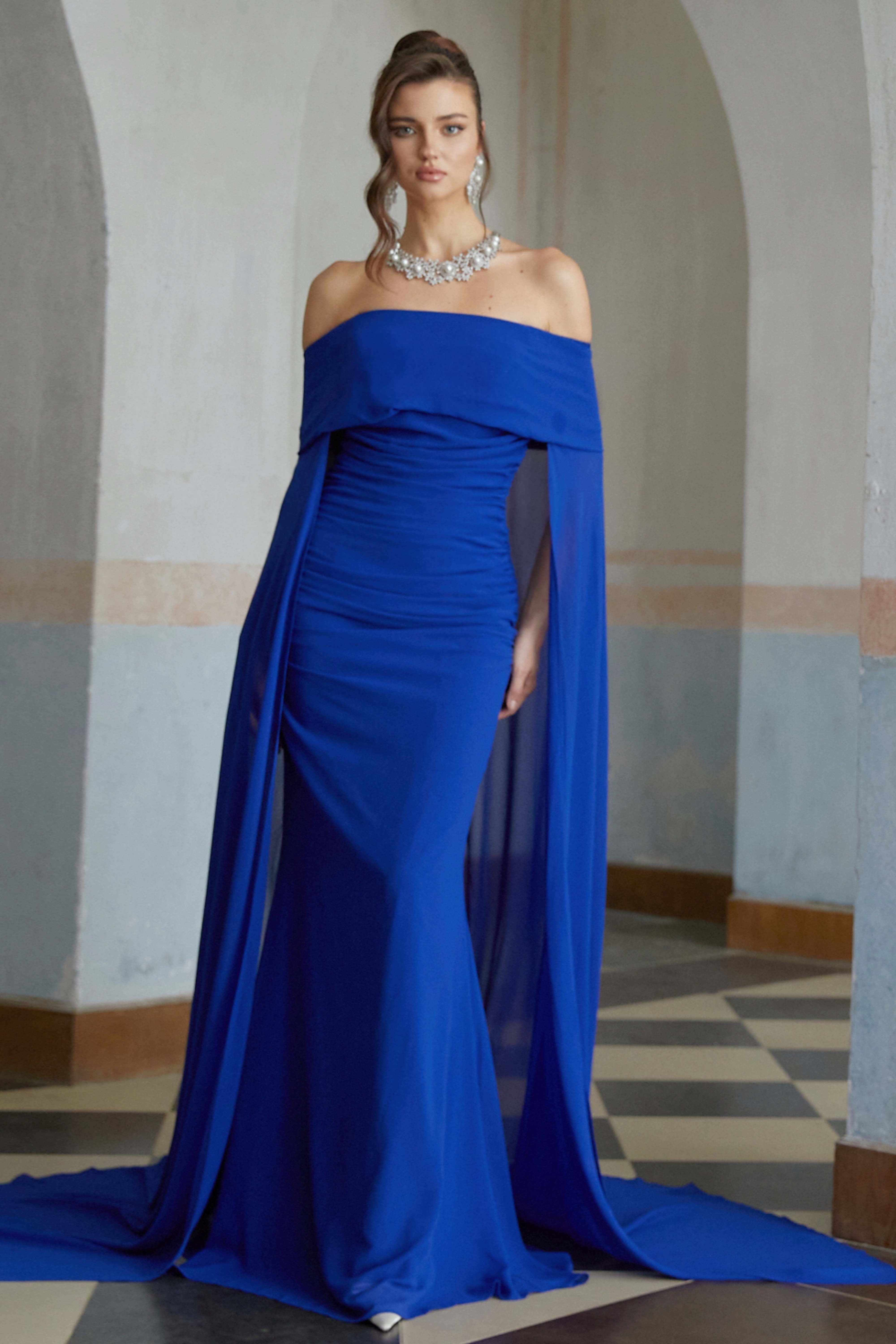 Jovie Blue Cape Design Ruched Maxi Gown