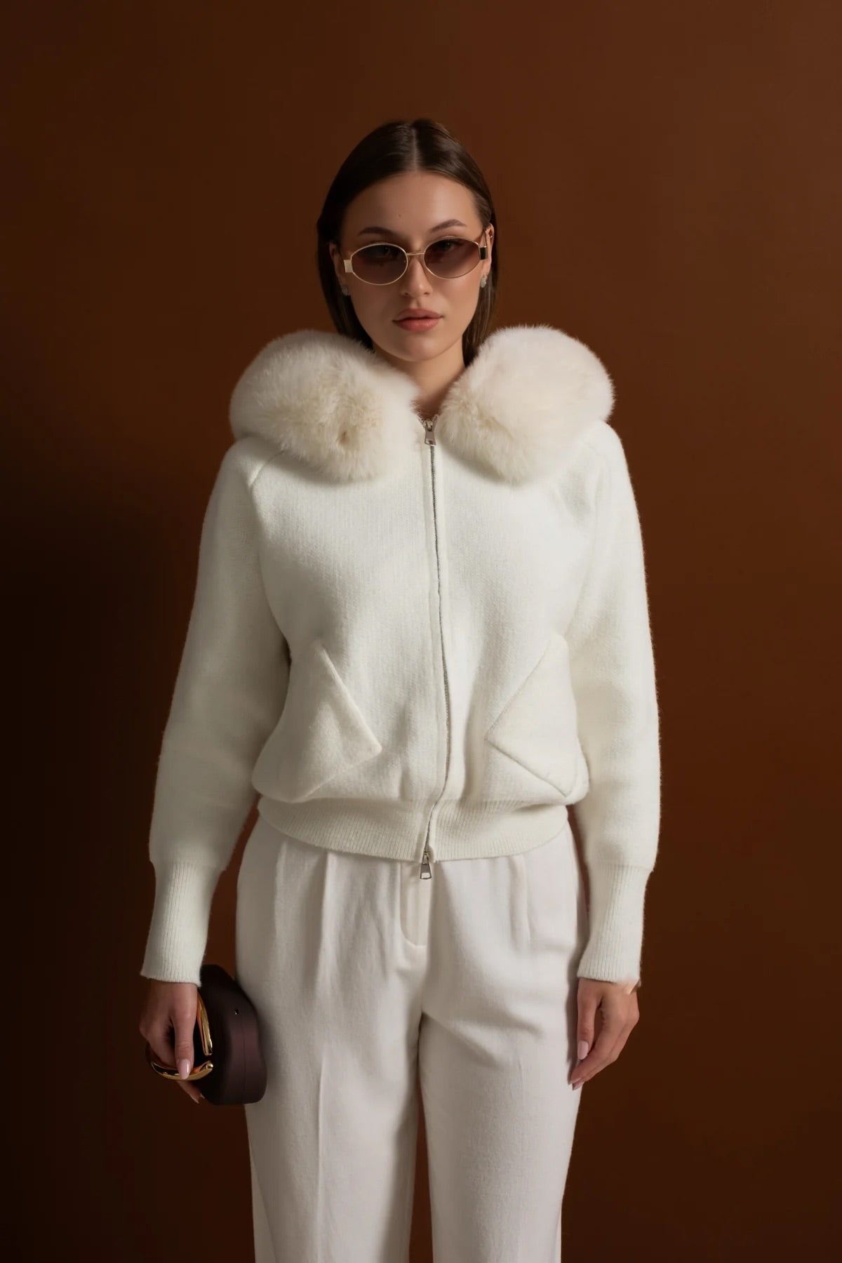 Valeriane Ivoire Zip-Up Wool Hoodie With Fox Fur Collar