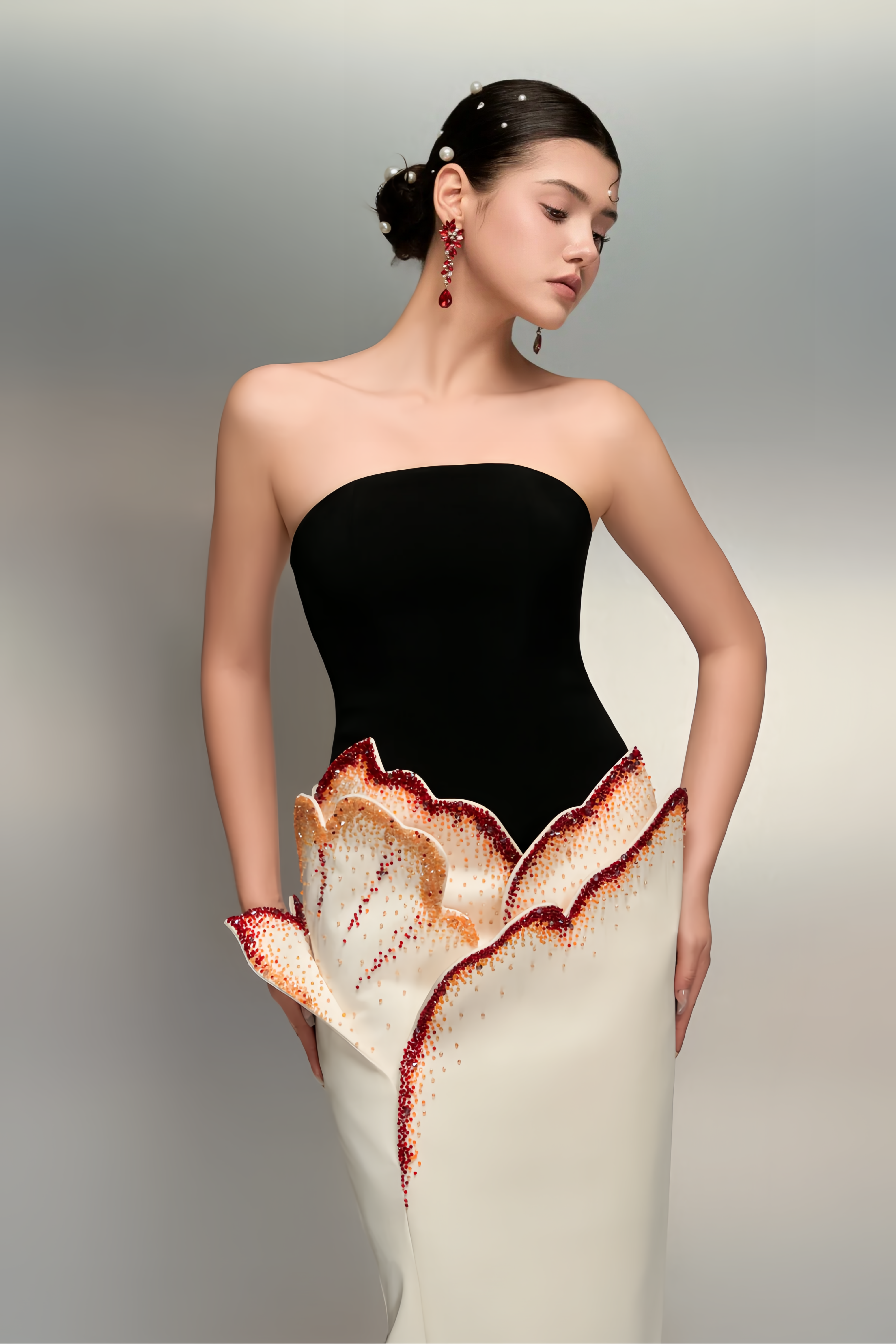 Mieke White Color Block 3D Petal Maxi Dress