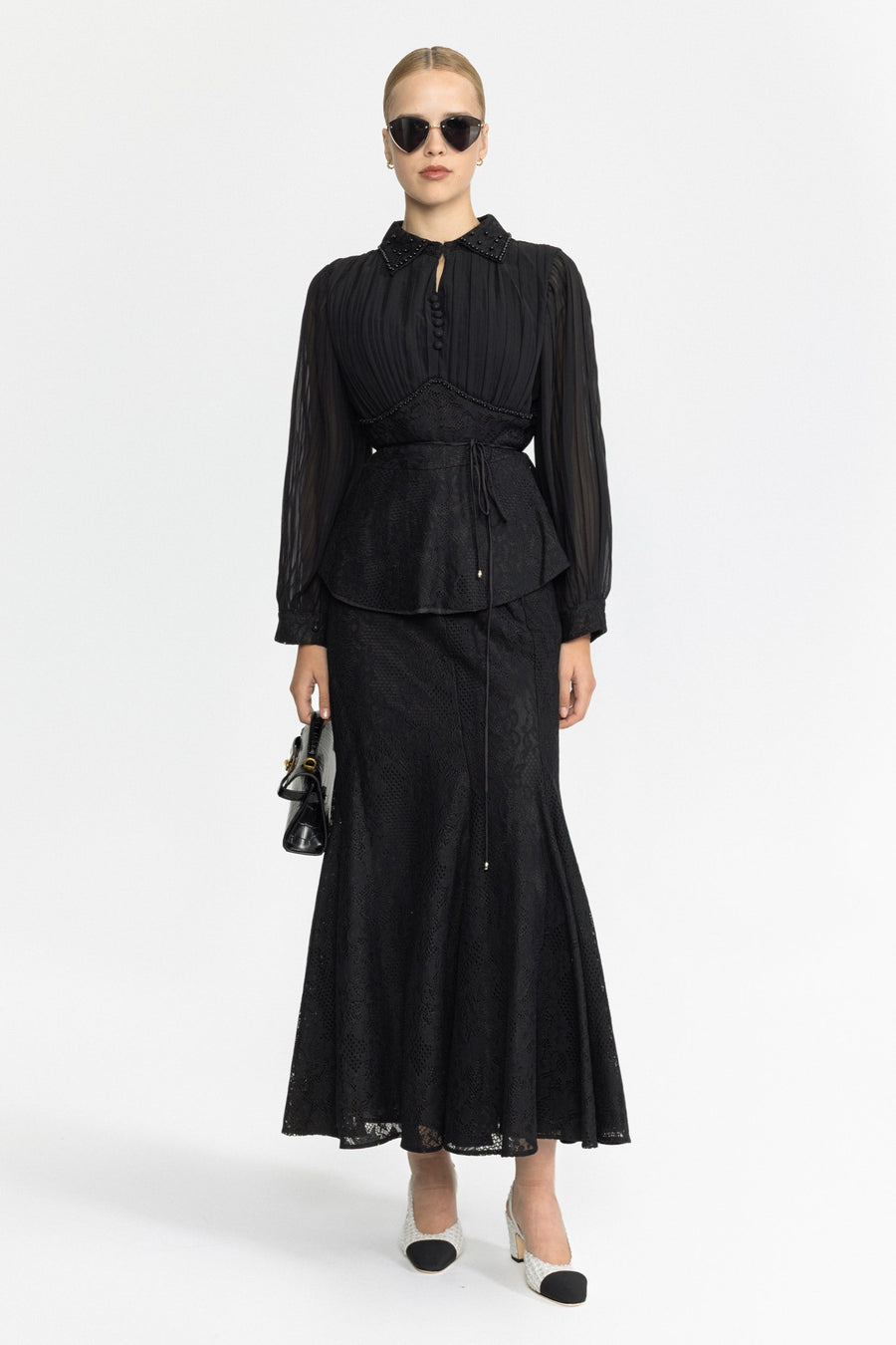Rosalind Pleated Chiffon Lace Peplum Blouse and Maxi Skirt Set - Black