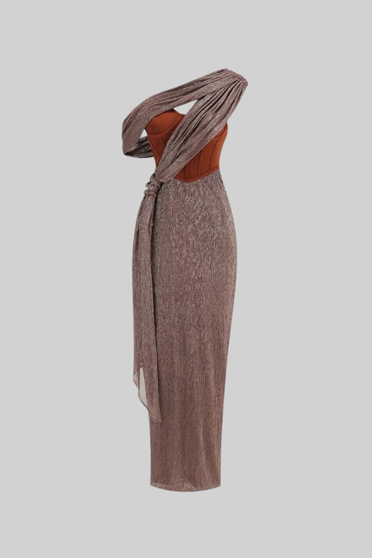 One-Shoulder Metallic Drape Dress With Structured Corset – Brown/Bronze