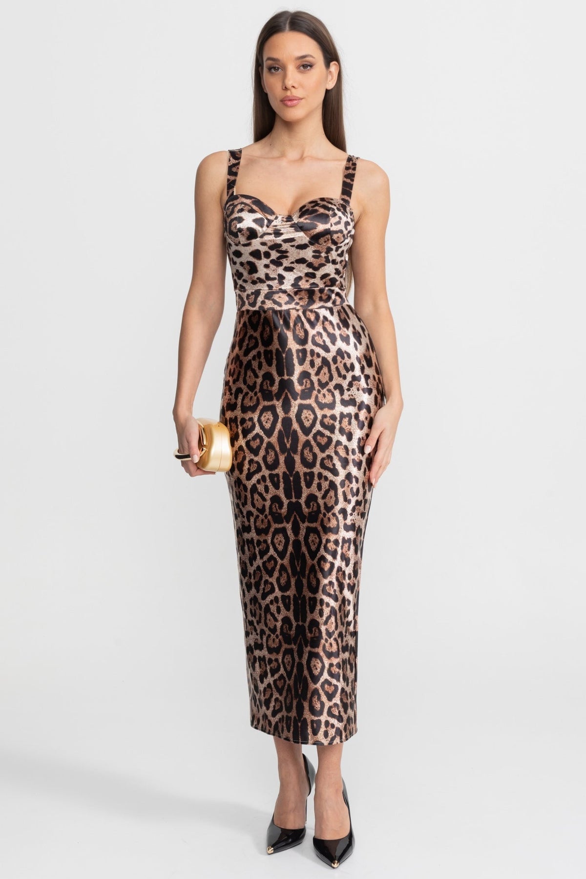 Satin Midi Dress with Leopard Print – Brown