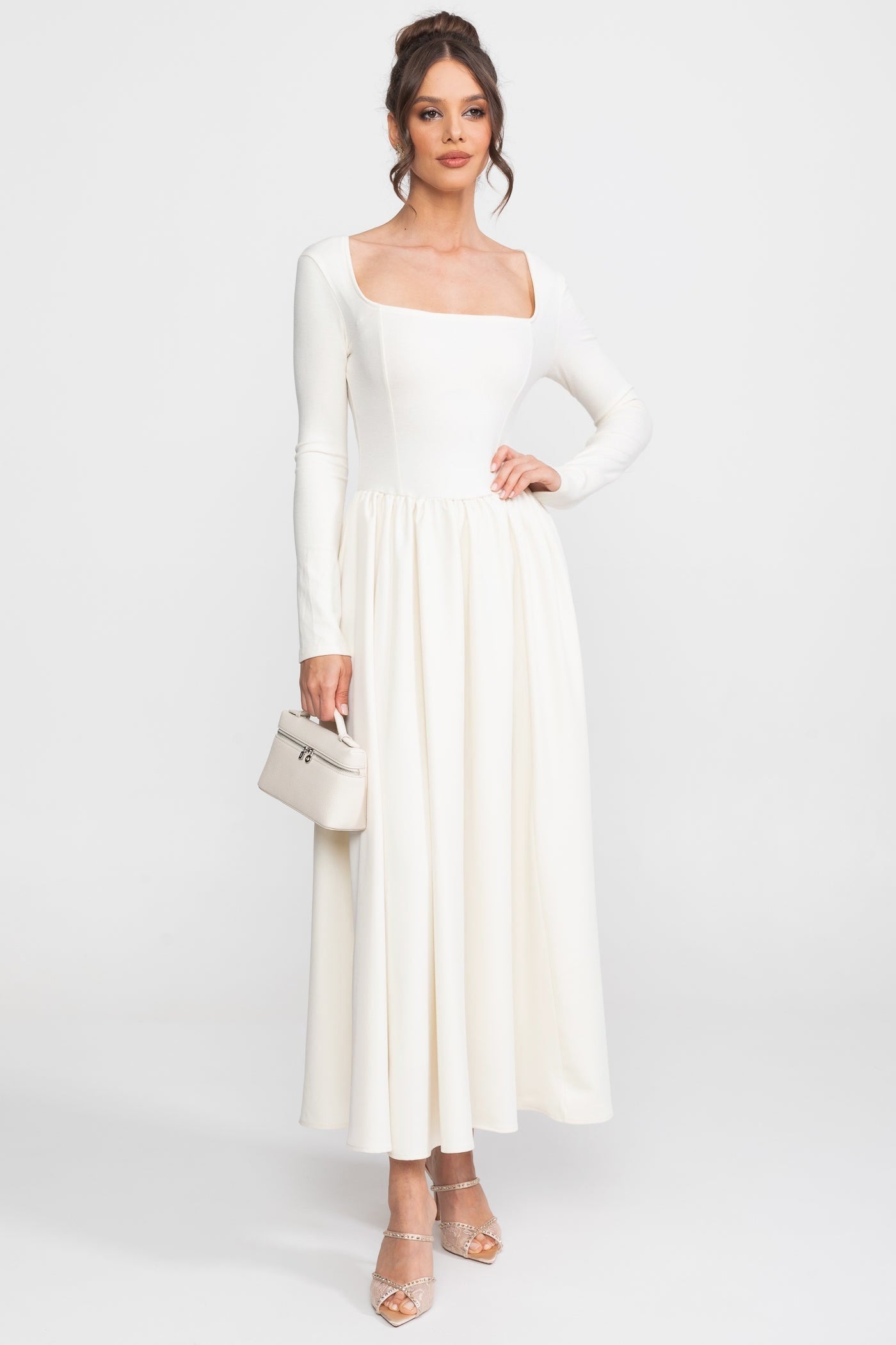 High-Neck Maxi Dress With Attached Capelet And Long Sleeves - White